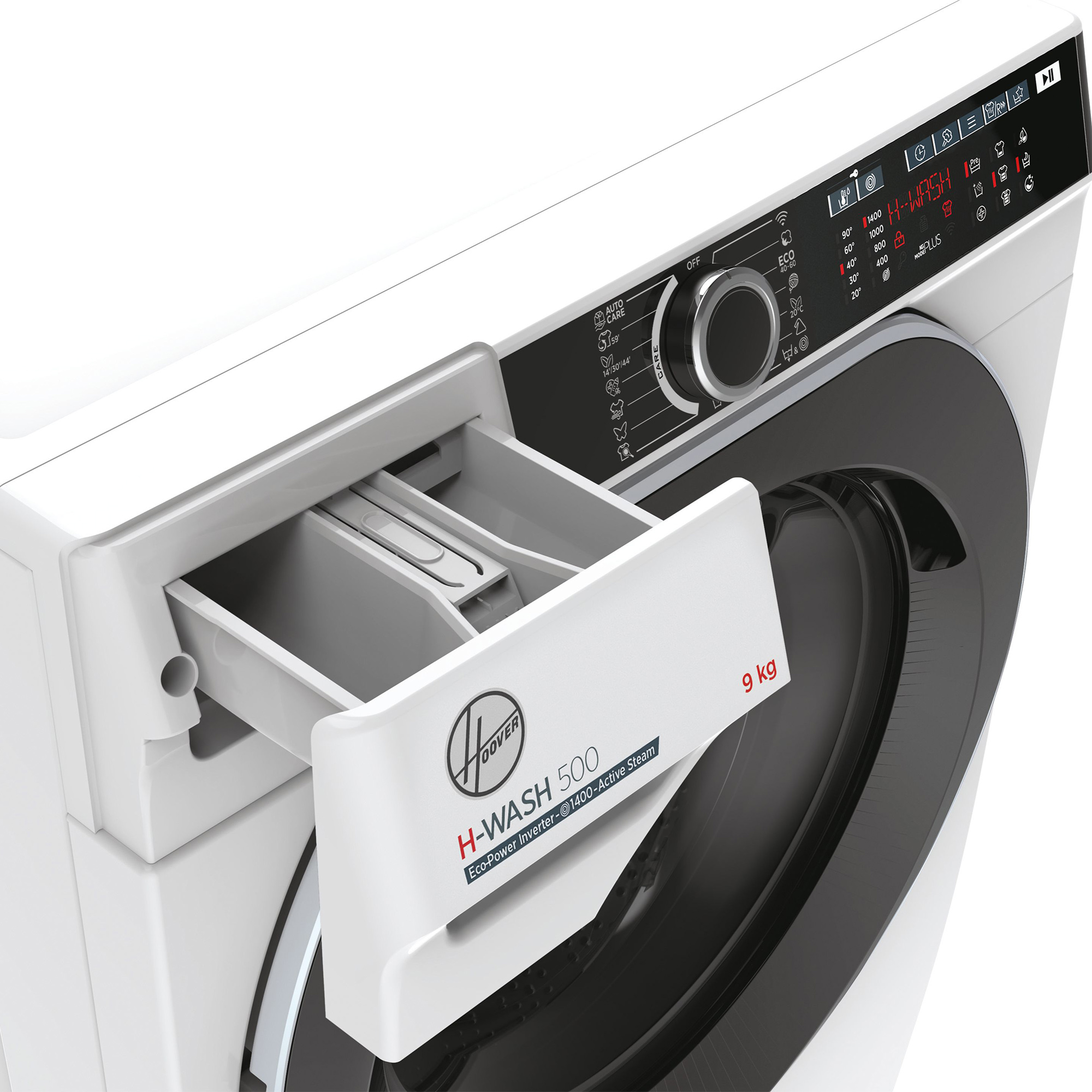 Weiße Waschmaschine mit geöffneter Waschmittelschublade, schwarzer Tür und Bedienfeld.
