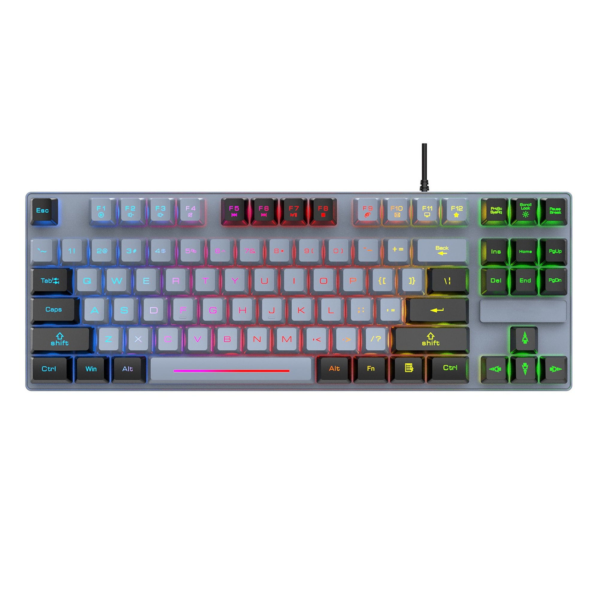 Eine graue Tastatur mit mehrfarbigen Tasten. Es ist eine mechanische Tastatur mit Kabel.