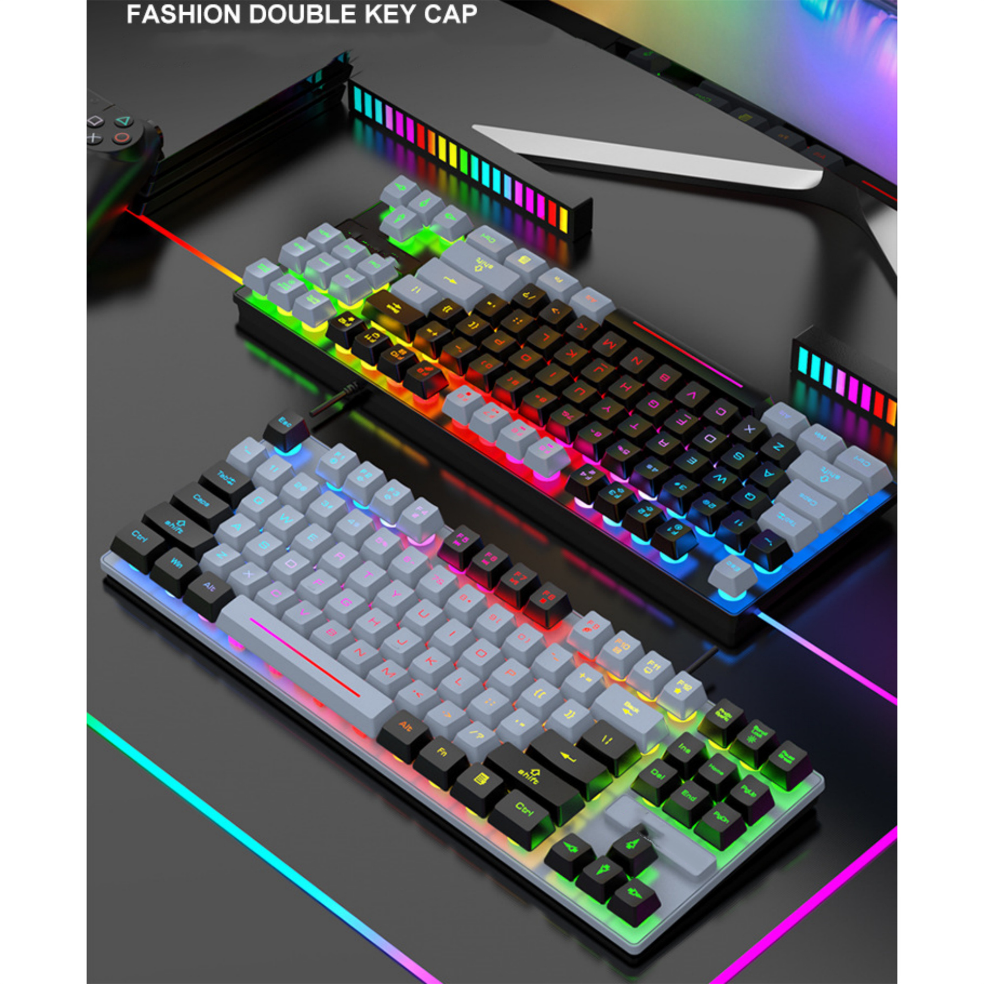 Zwei Gaming-Tastaturen mit RGB-Beleuchtung. Tastenkappen sind grau und schwarz. Der Hintergrund ist dunkel.