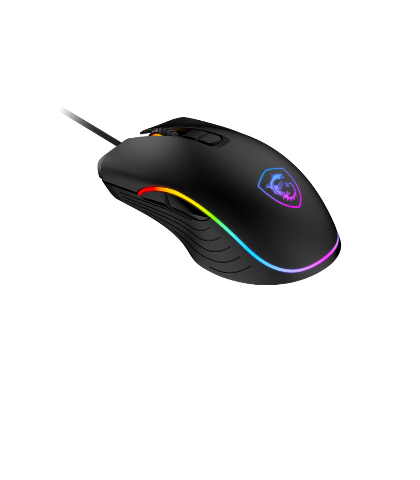 Czarna mysz do gier z kolorowym paskiem LED wzdłuż boku i logo.