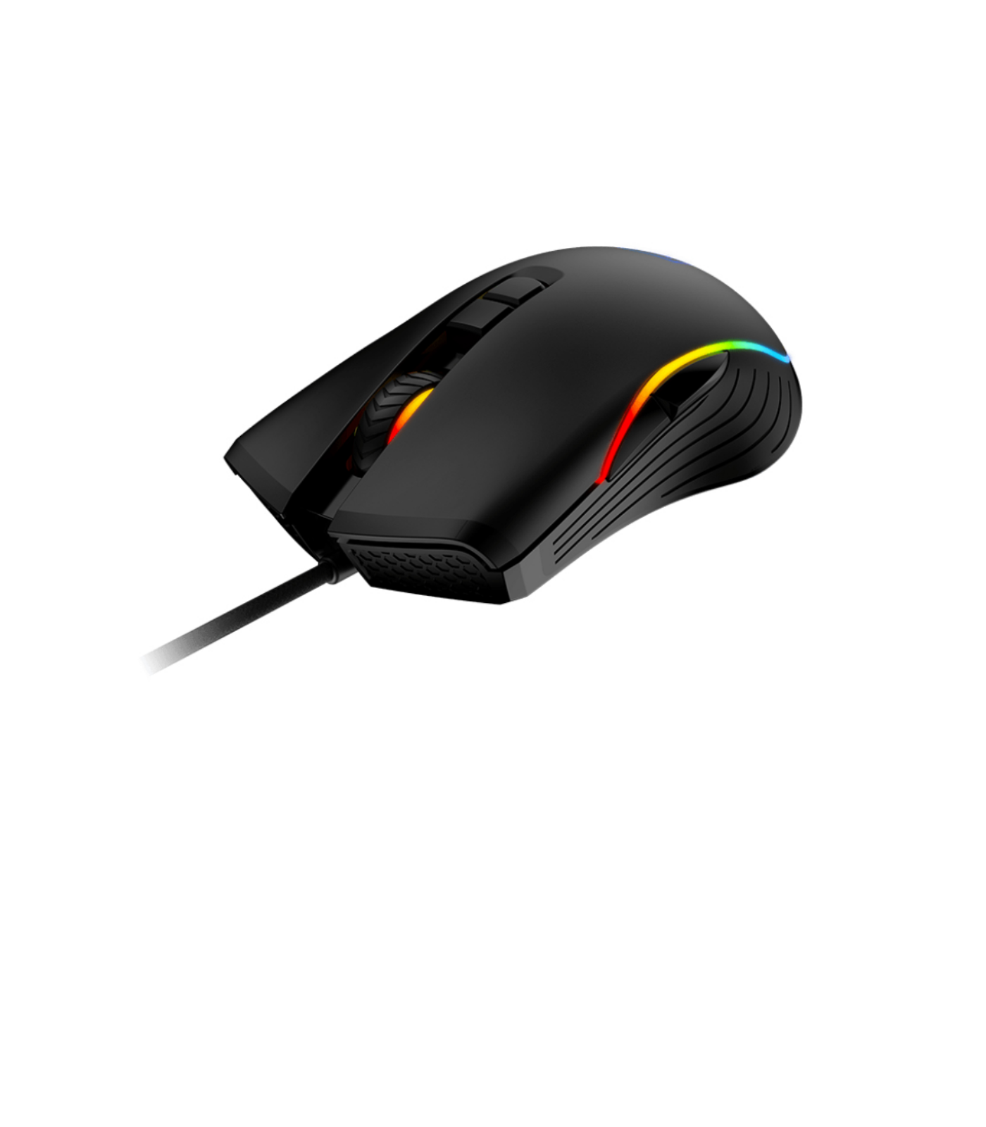 Czarna mysz gamingowa ze światłami RGB i kablem. Mysz jest na białej powierzchni.