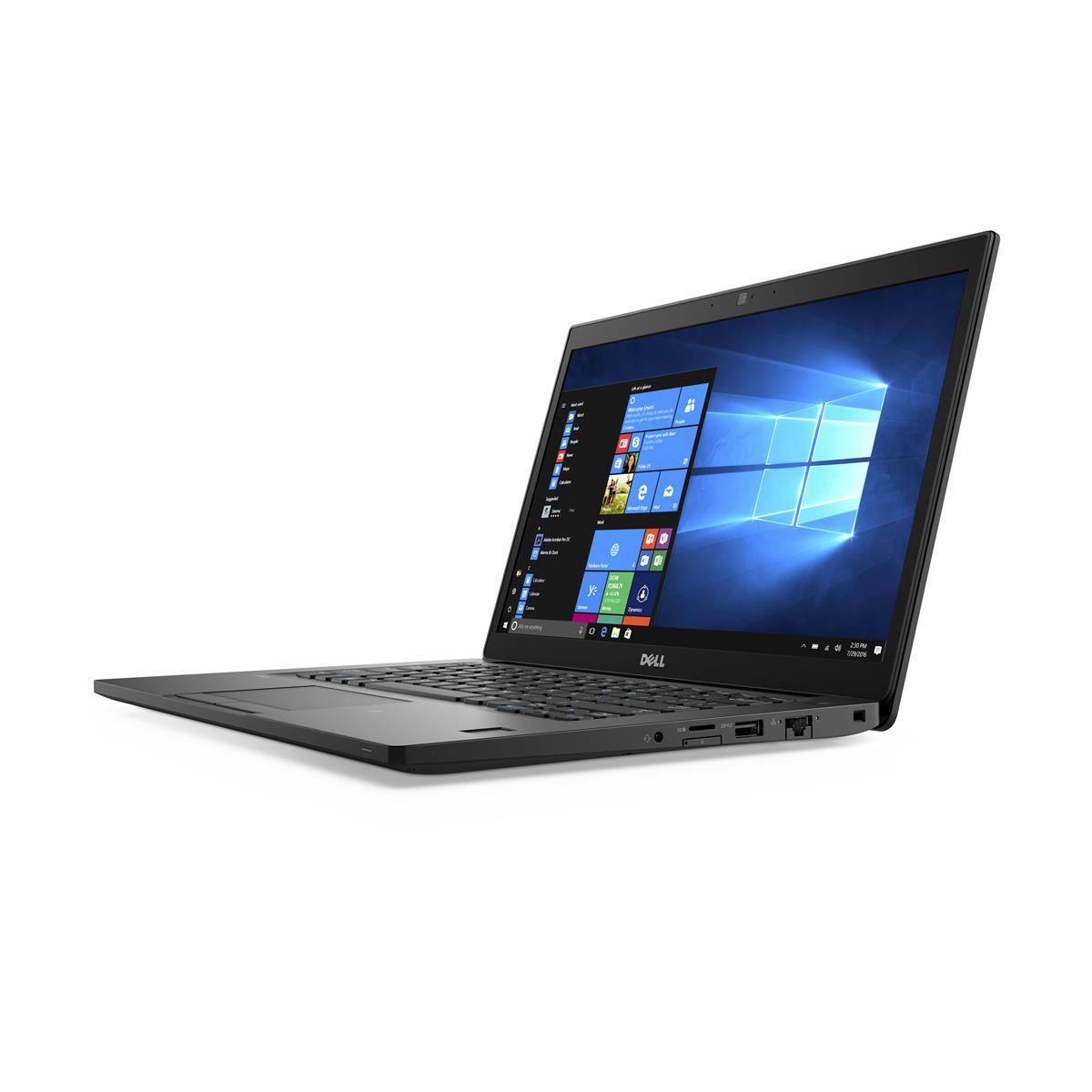 Ein schwarzer Laptop mit Windows-Bildschirm, auf weißem Grund schräg gestellt. Mit DELL-Logo.