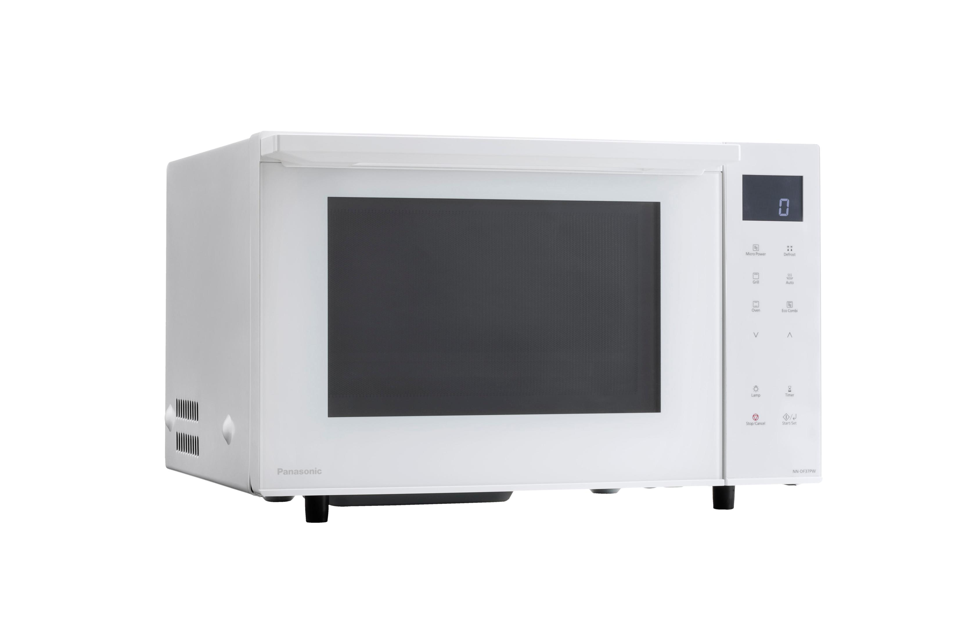 Biała kuchenka mikrofalowa Panasonic, widok z przodu, z panelem sterowania i wyświetlaczem cyfrowym.