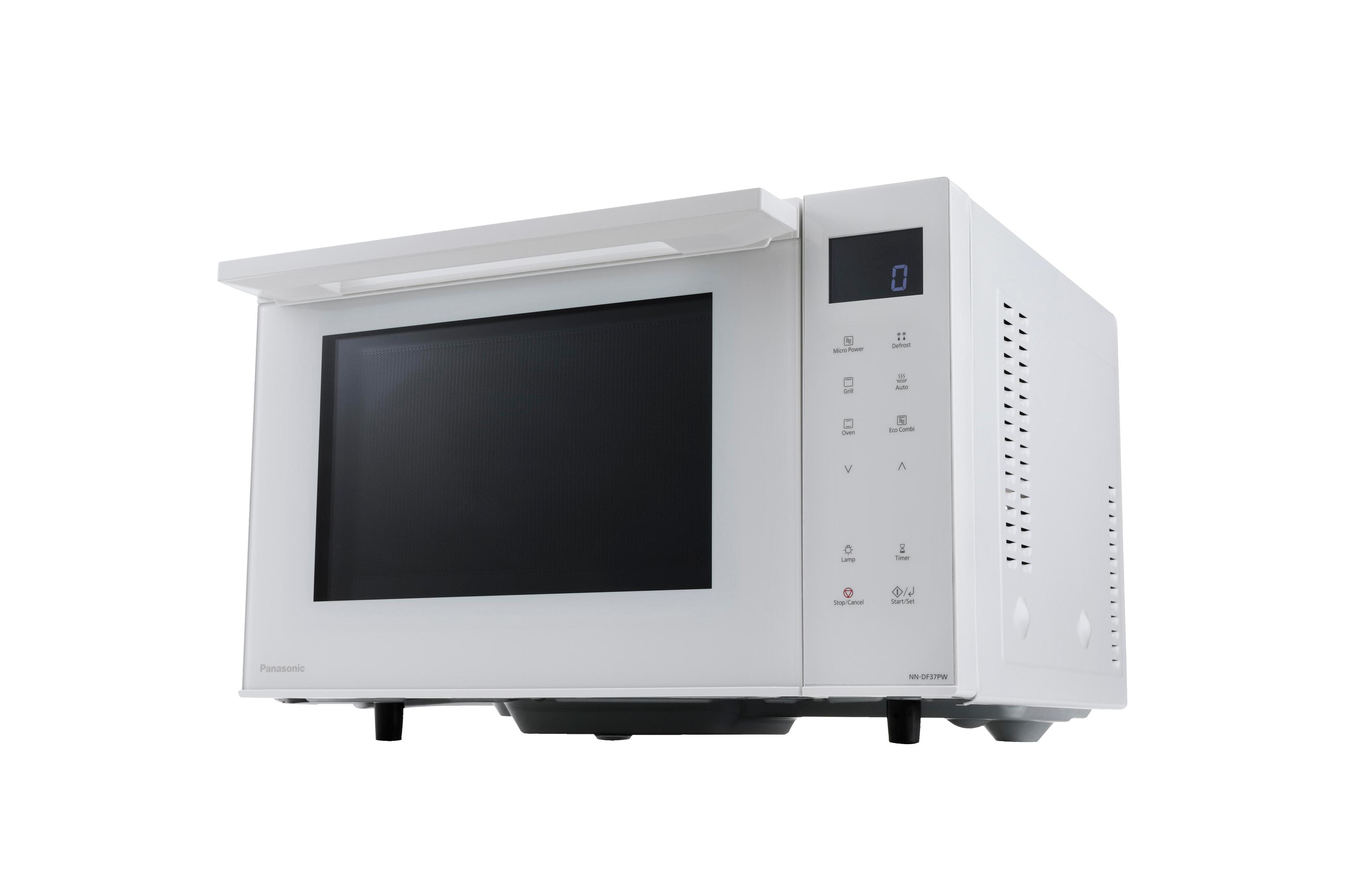 Biała kuchenka mikrofalowa z czarnymi drzwiami i panelem sterowania po prawej stronie.