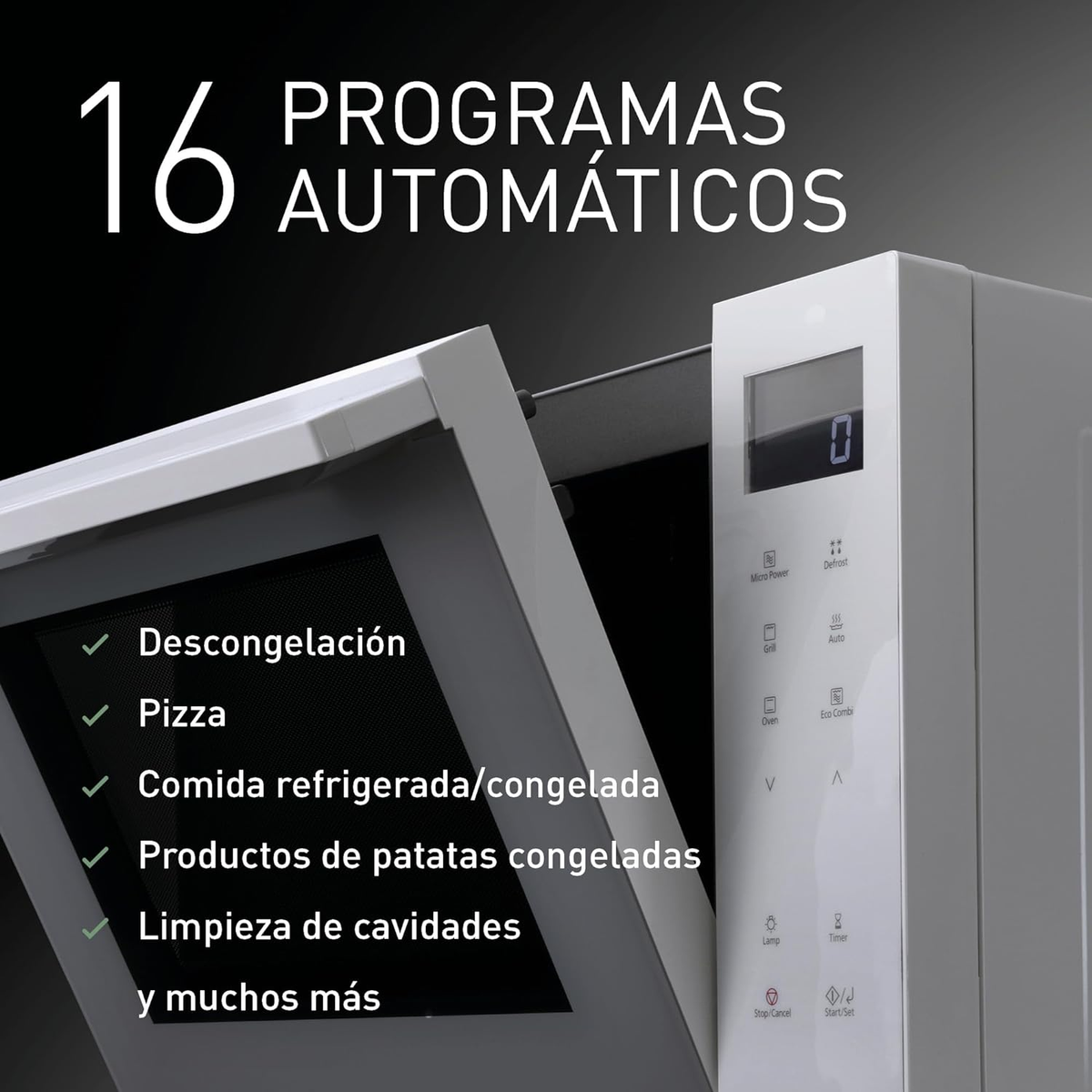 Kuchenka mikrofalowa z otwartymi drzwiami. Wyświetla 16 programów automatycznych i ma różne przyciski sterowania.