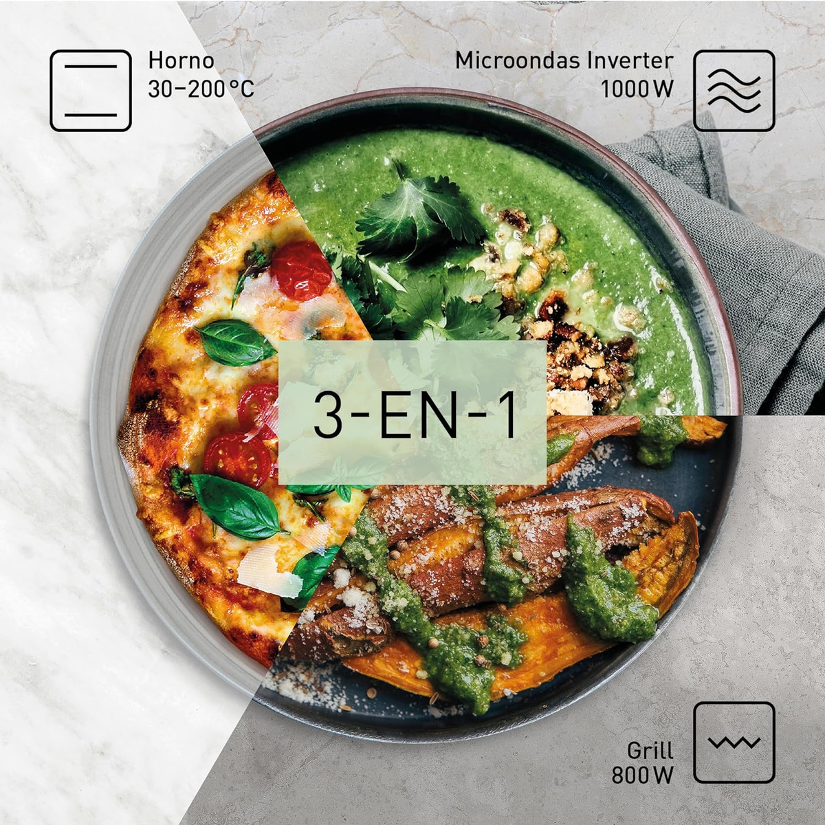 Talerz z pizzą, zieloną zupą i batatami z pesto. Tekst: '3-EN-1'.