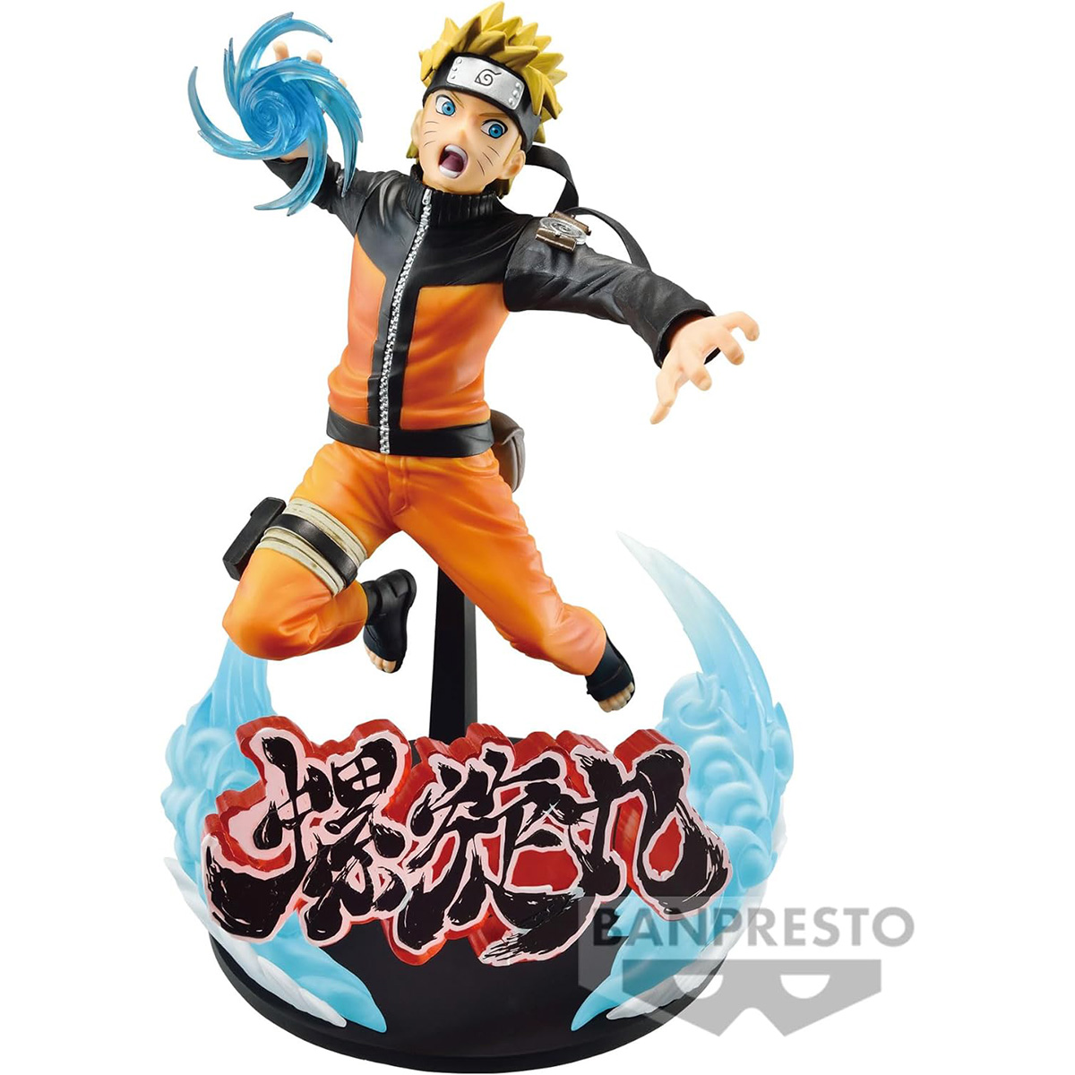 Naruto-Figur springt. Blauer Energieeffekt und japanischer Text auf der Basis.
