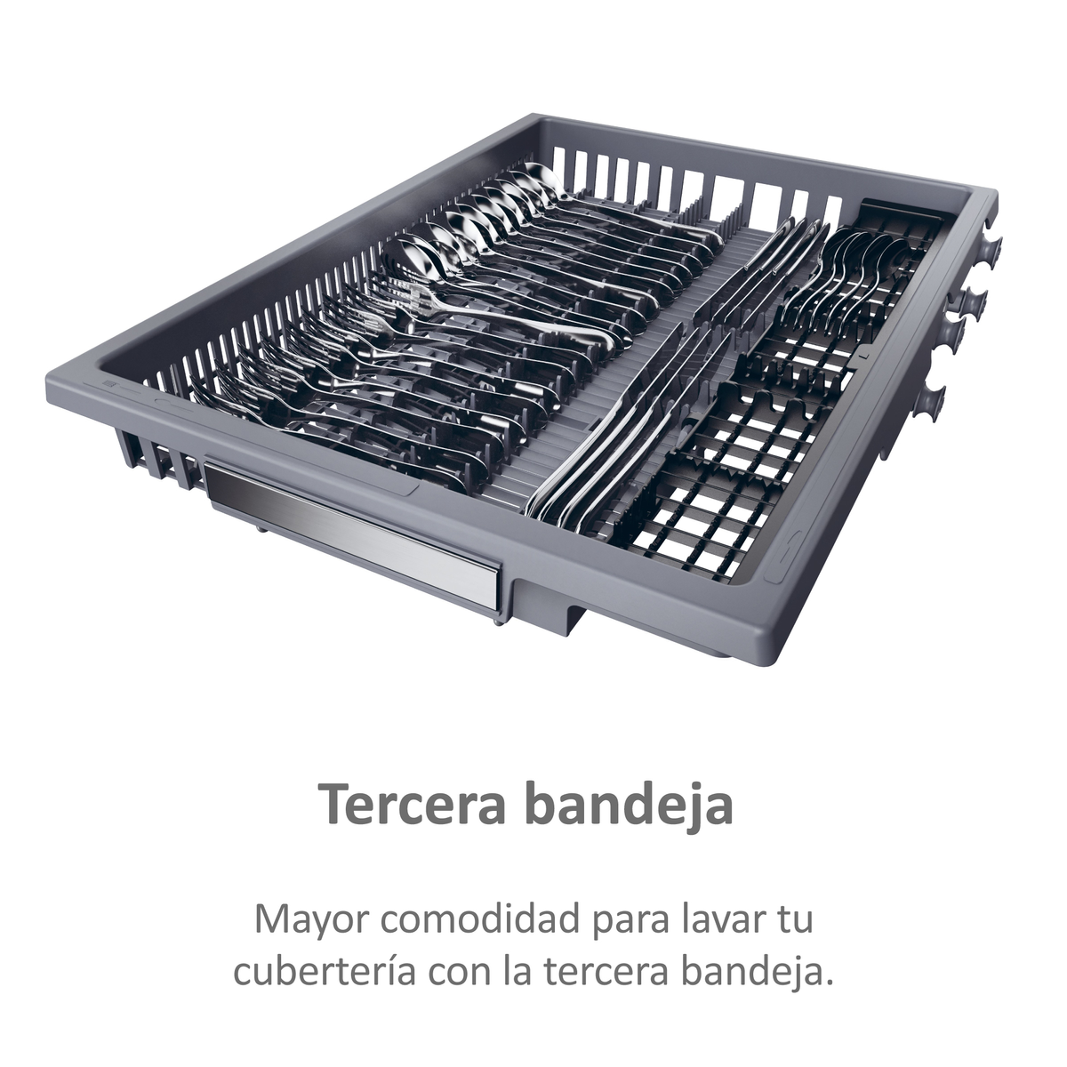 Trzeci kosz zmywarki ze sztućcami. Szary kolor. Tekst po hiszpańsku. Białe tło.