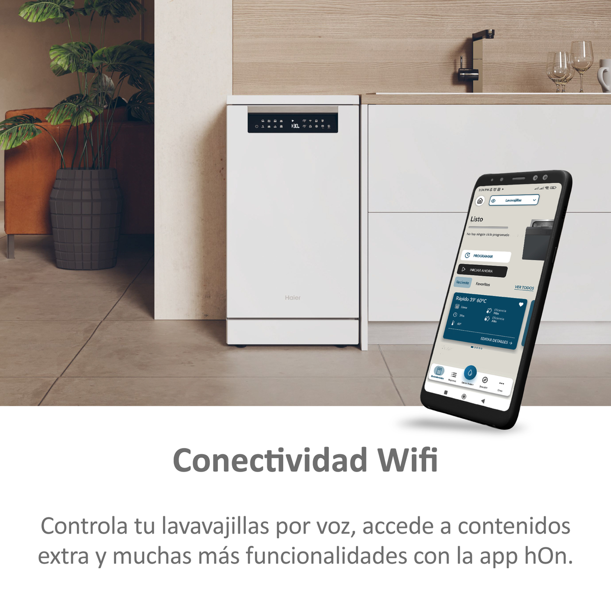 Biała zmywarka w pobliżu telefonu pokazującego interfejs aplikacji i tekst: Conectividad Wifi.
