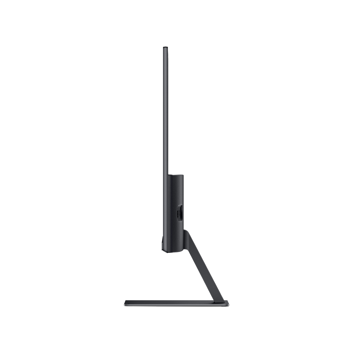 Ein schwarzer Computermonitor im Profil vor schwarzem Hintergrund. Der Monitor ist dünn und modern.
