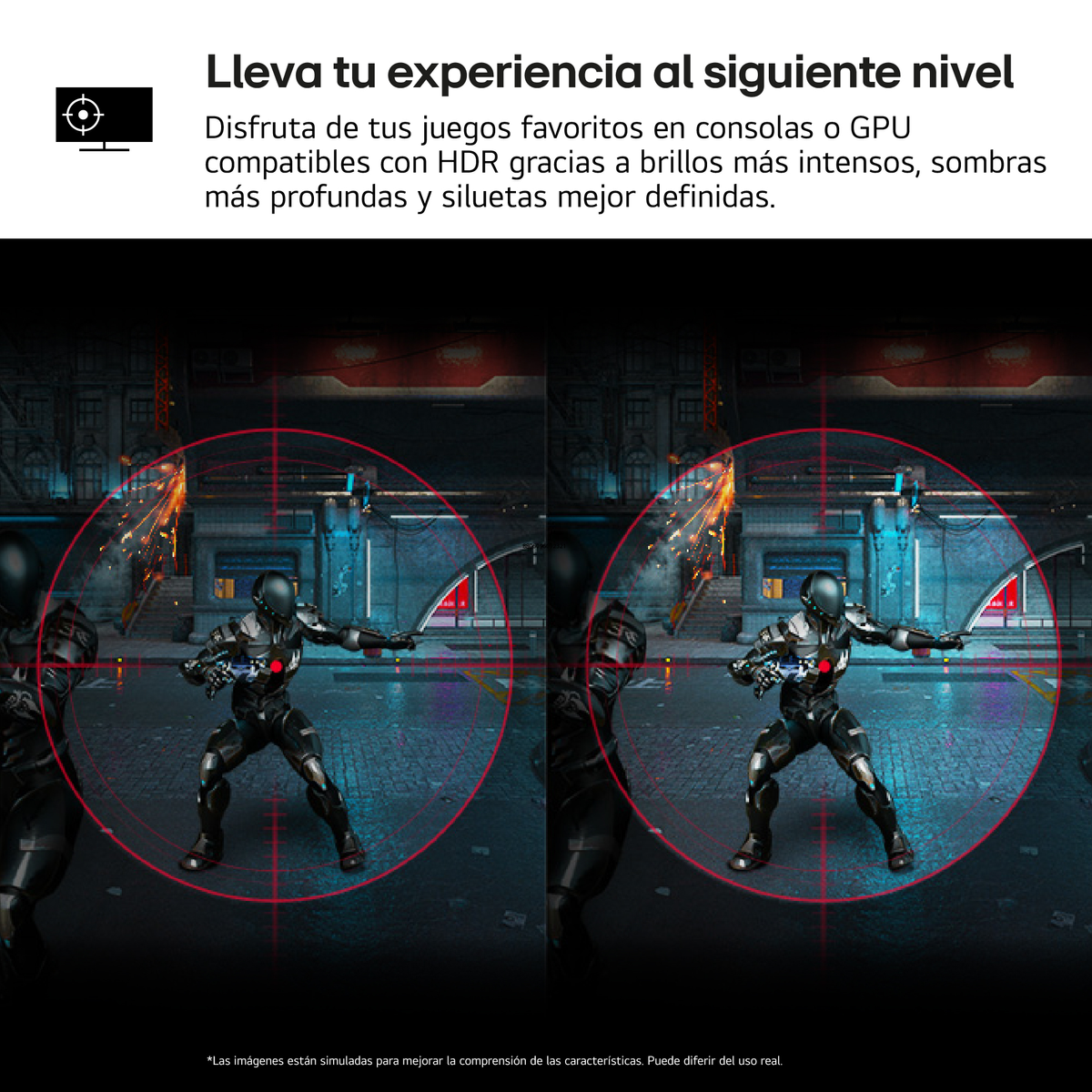 Gaming scene with two futuristic figures in a red crosshair, with a cityscape background.