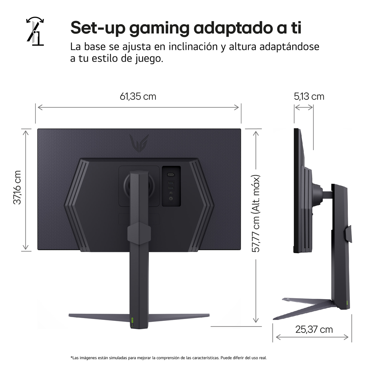 An exploded view of a black gaming monitor showing dimensions. The monitor is on a stand.