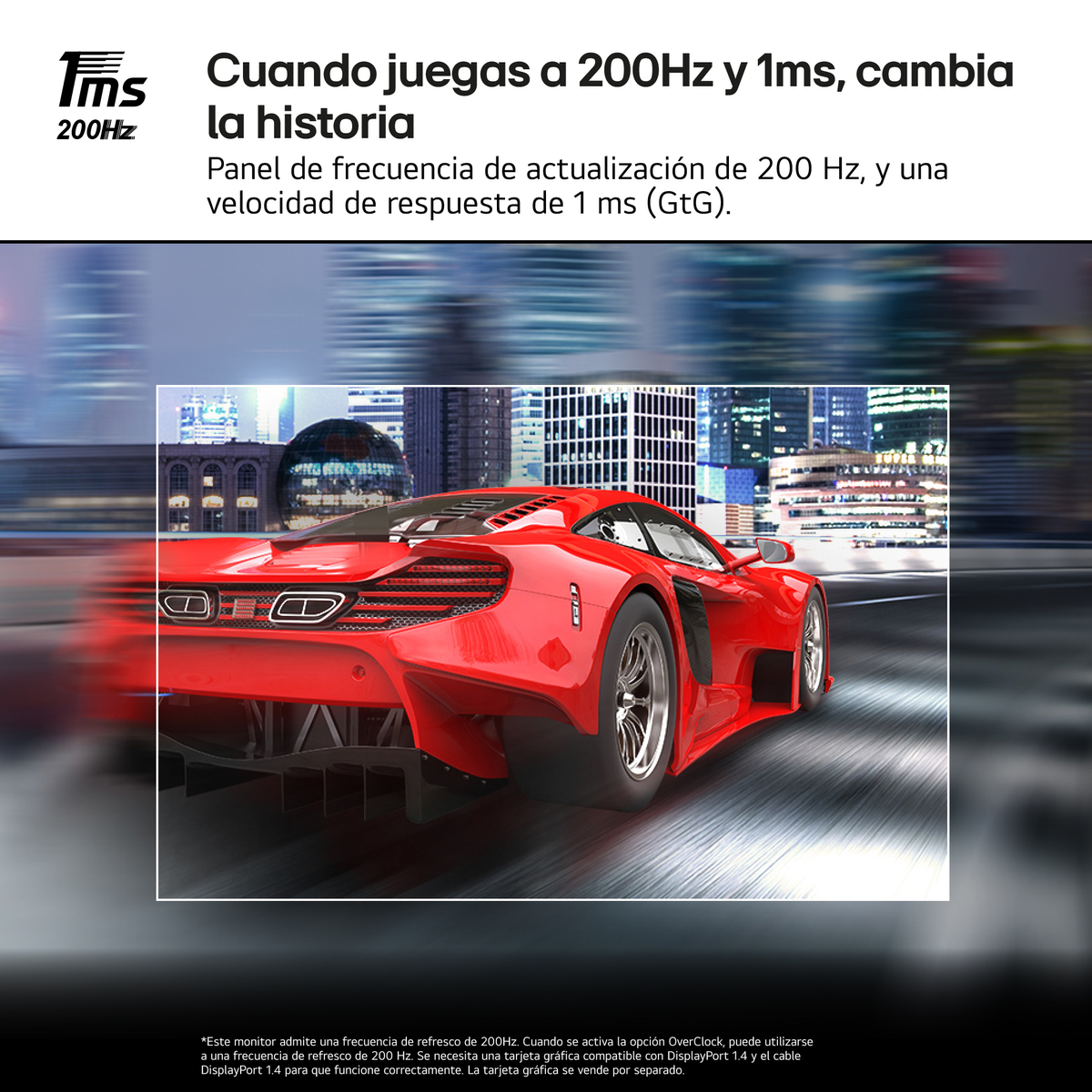 A red sports car on a screen with text about the 200Hz refresh rate.
