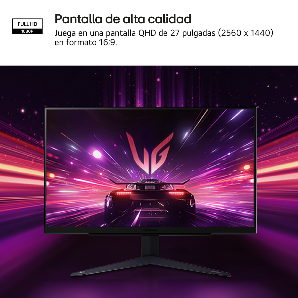 A gaming monitor displays a racing car scene with vibrant colors and a dark background.