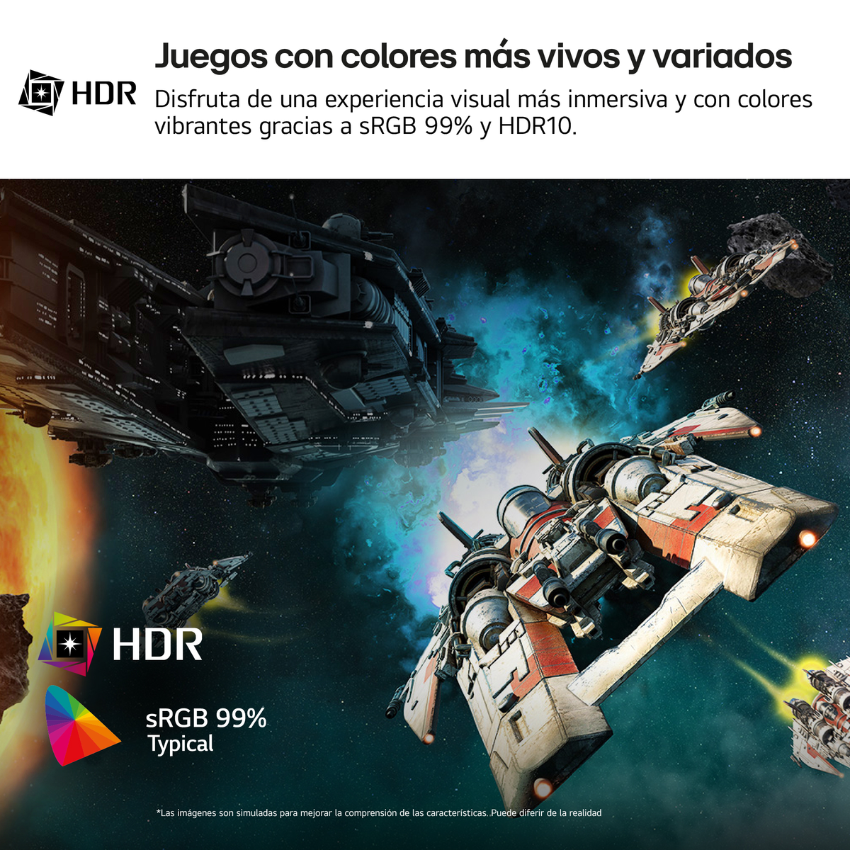 Spaceships in a galaxy, with HDR and sRGB 99% labels.