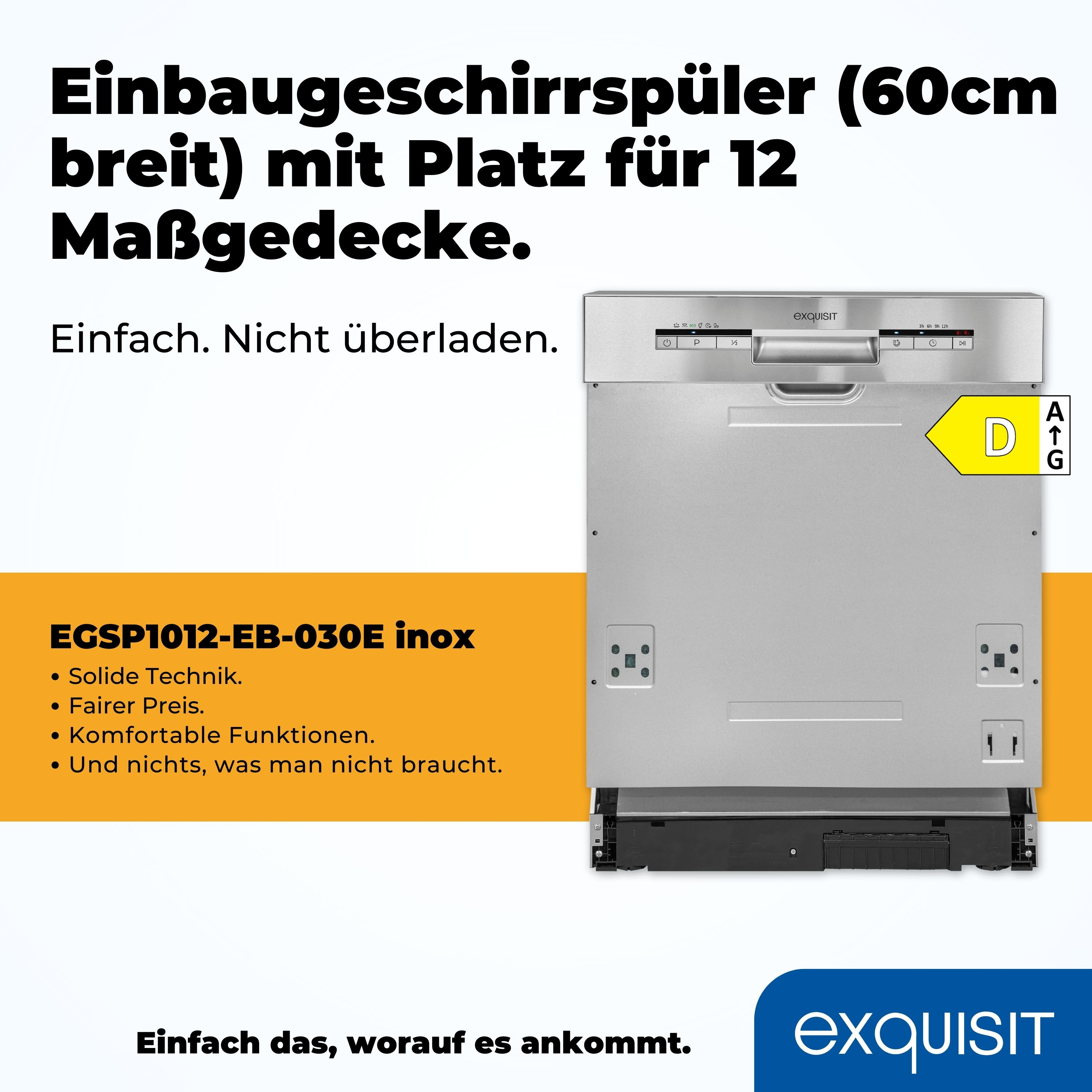 Ein Edelstahl-Geschirrspüler mit Produktdetails und einem Energielabel.