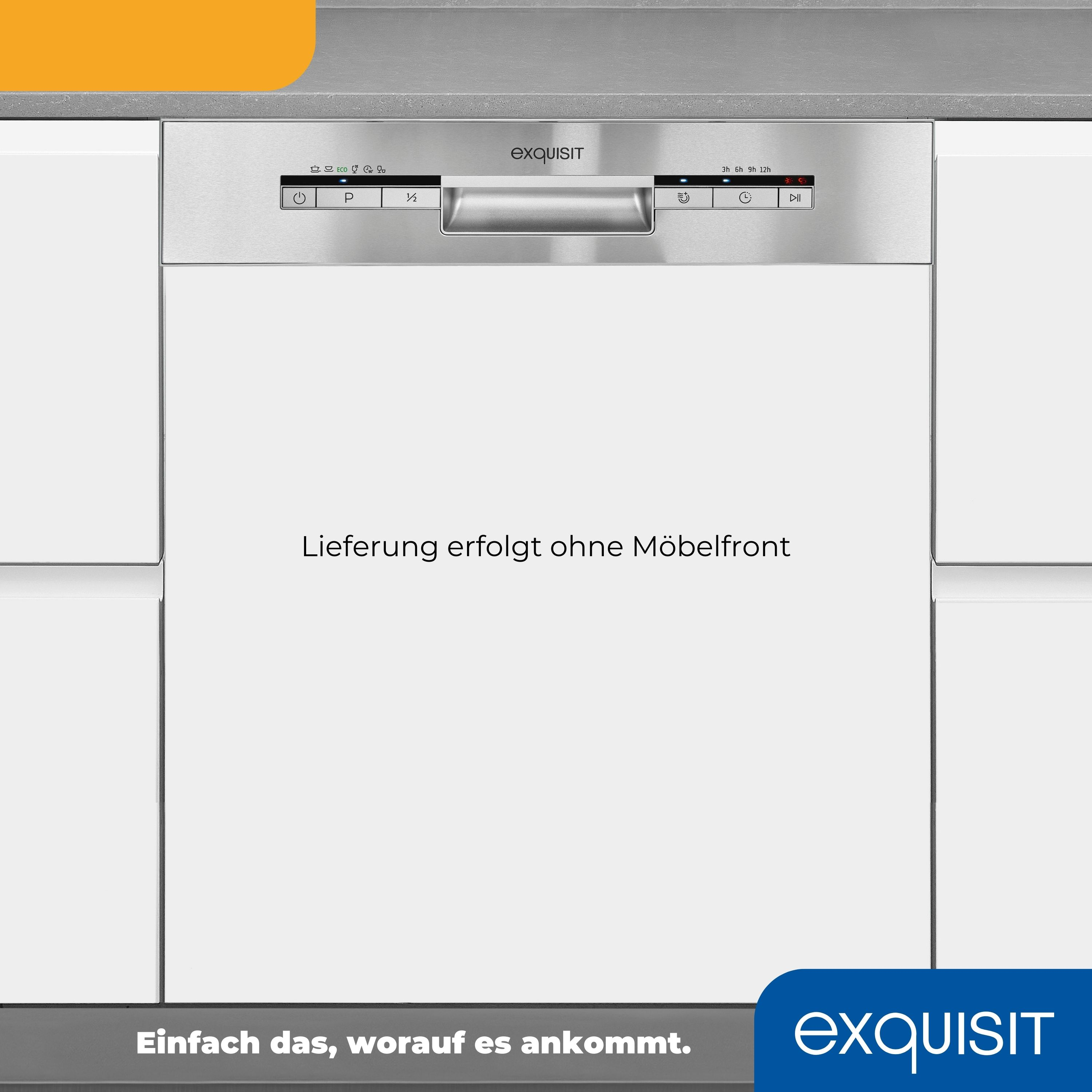Ein weißer Geschirrspüler mit silbernem Bedienfeld und weißen Oberflächen, Exquisit-Logo.