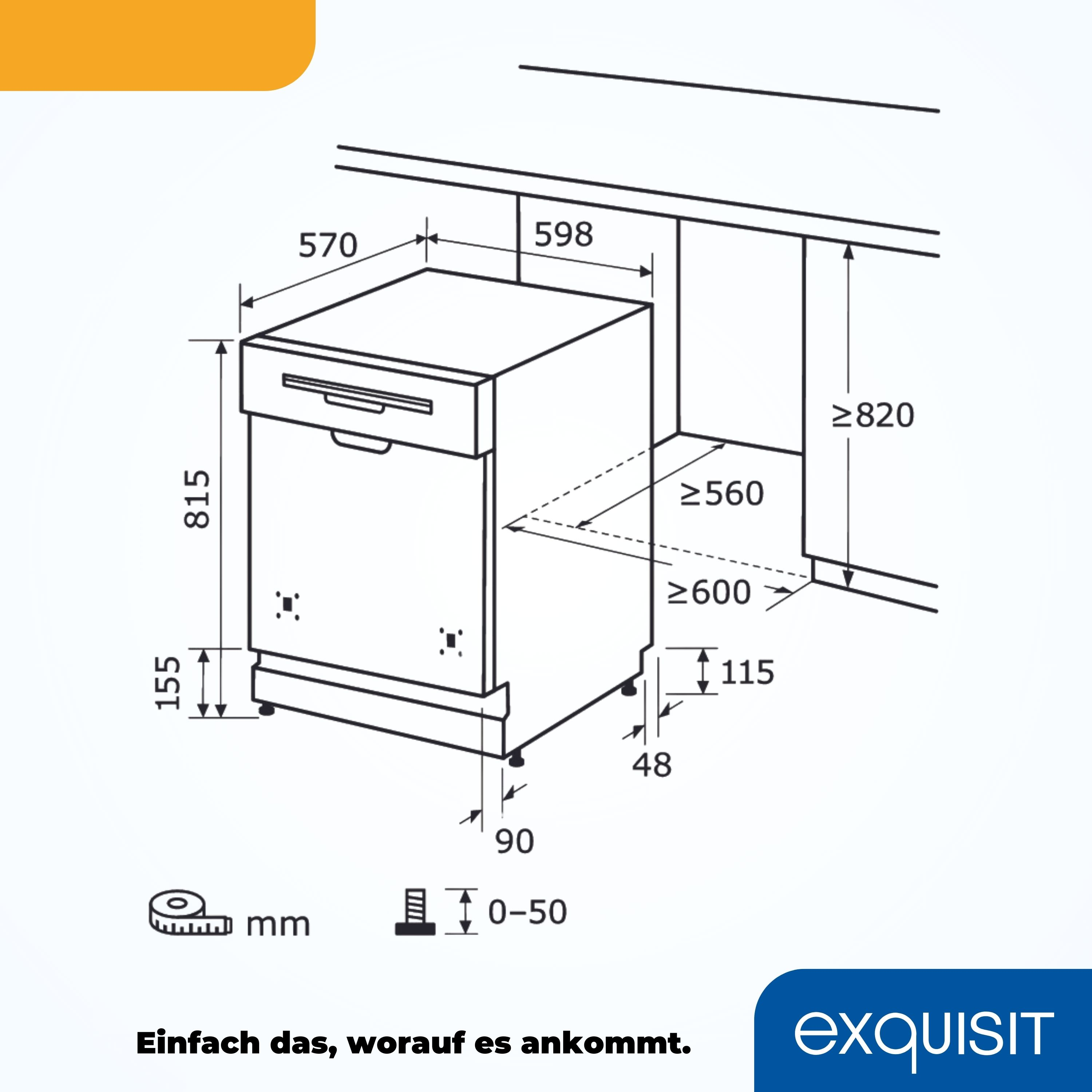 Eine Zeichnung eines Einbau-Geschirrspülers mit Maßen und einem 'exquisit'-Logo.