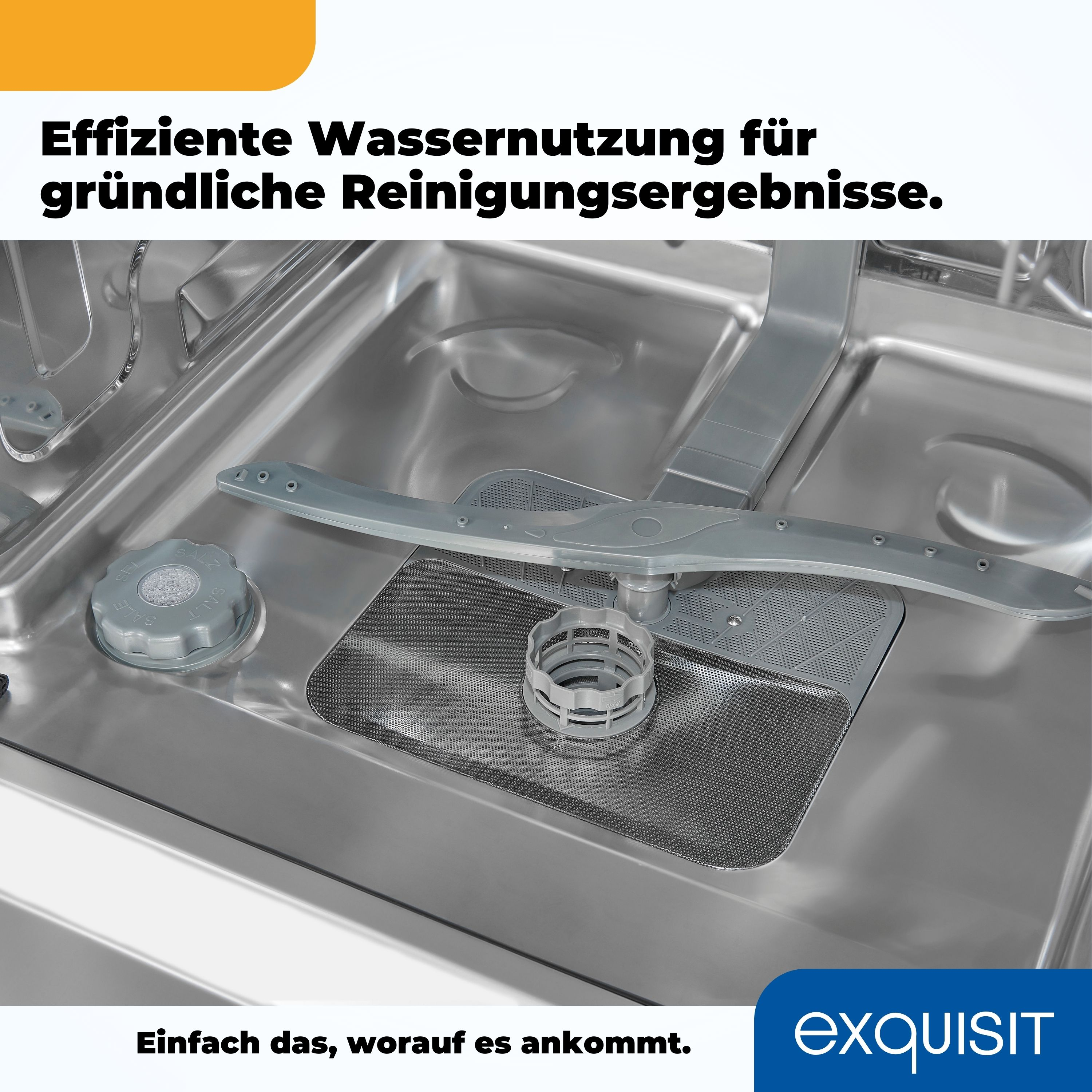 Geschirrspüler-Innenraum. Silbermetall mit Filter, Sprüher und Markenlogo. Text: Effiziente Wassernutzung.