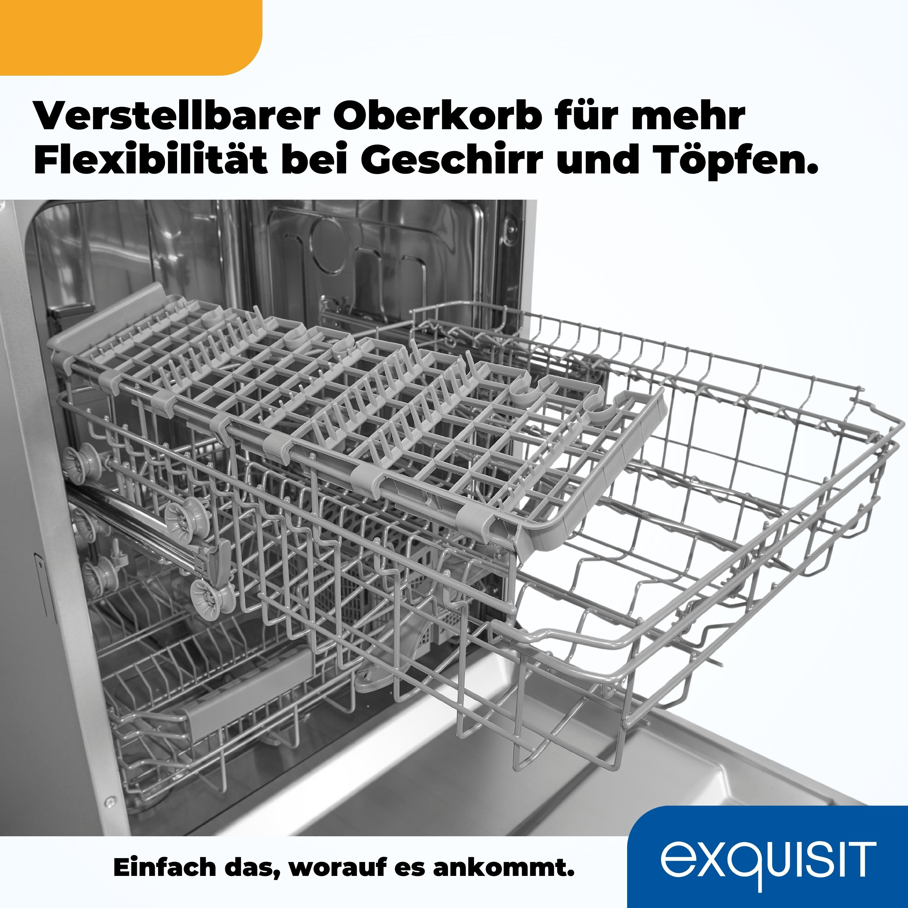 Geschirrspüler-Innenraum mit herausnehmbarem oberem Korb, der verstellbare Funktionen zeigt.