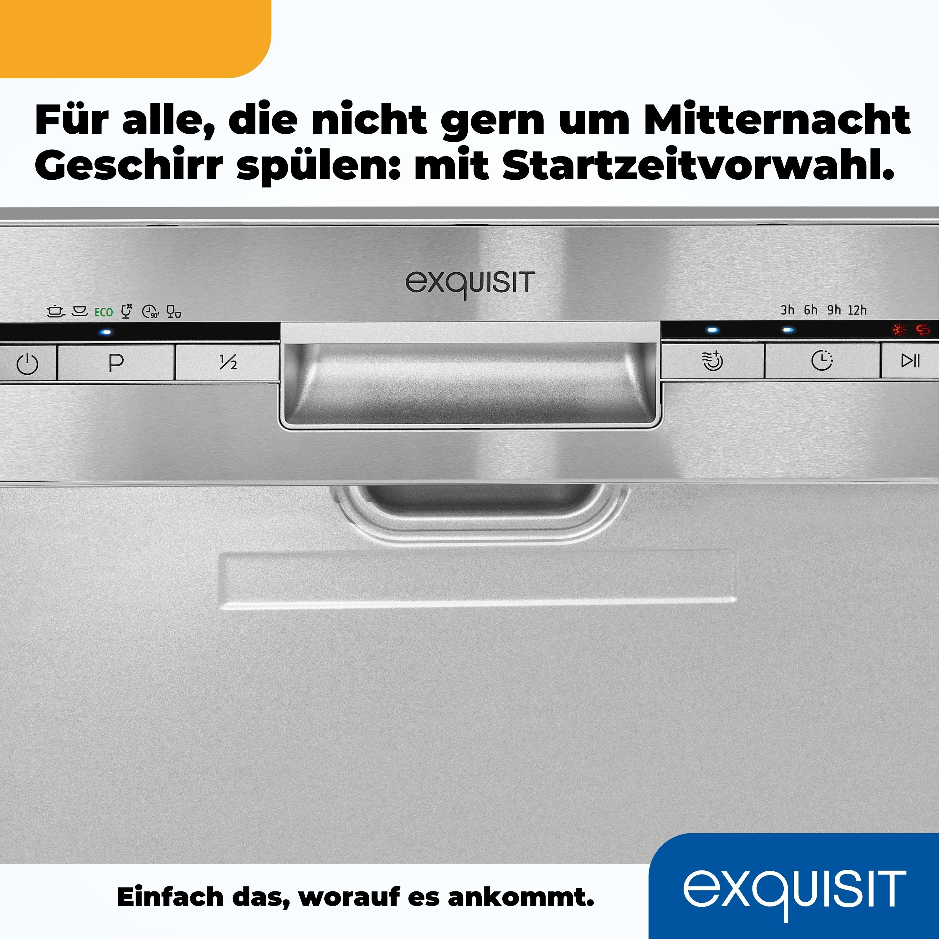 Nahaufnahme eines Edelstahl-Geschirrspüler-Bedienfelds. Der Markenname ist sichtbar.