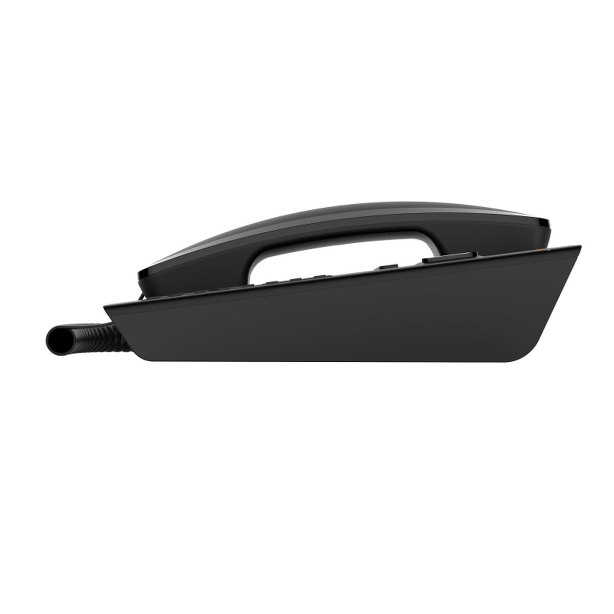 Zwarte vaste telefoon op een witte achtergrond, schuine weergave.