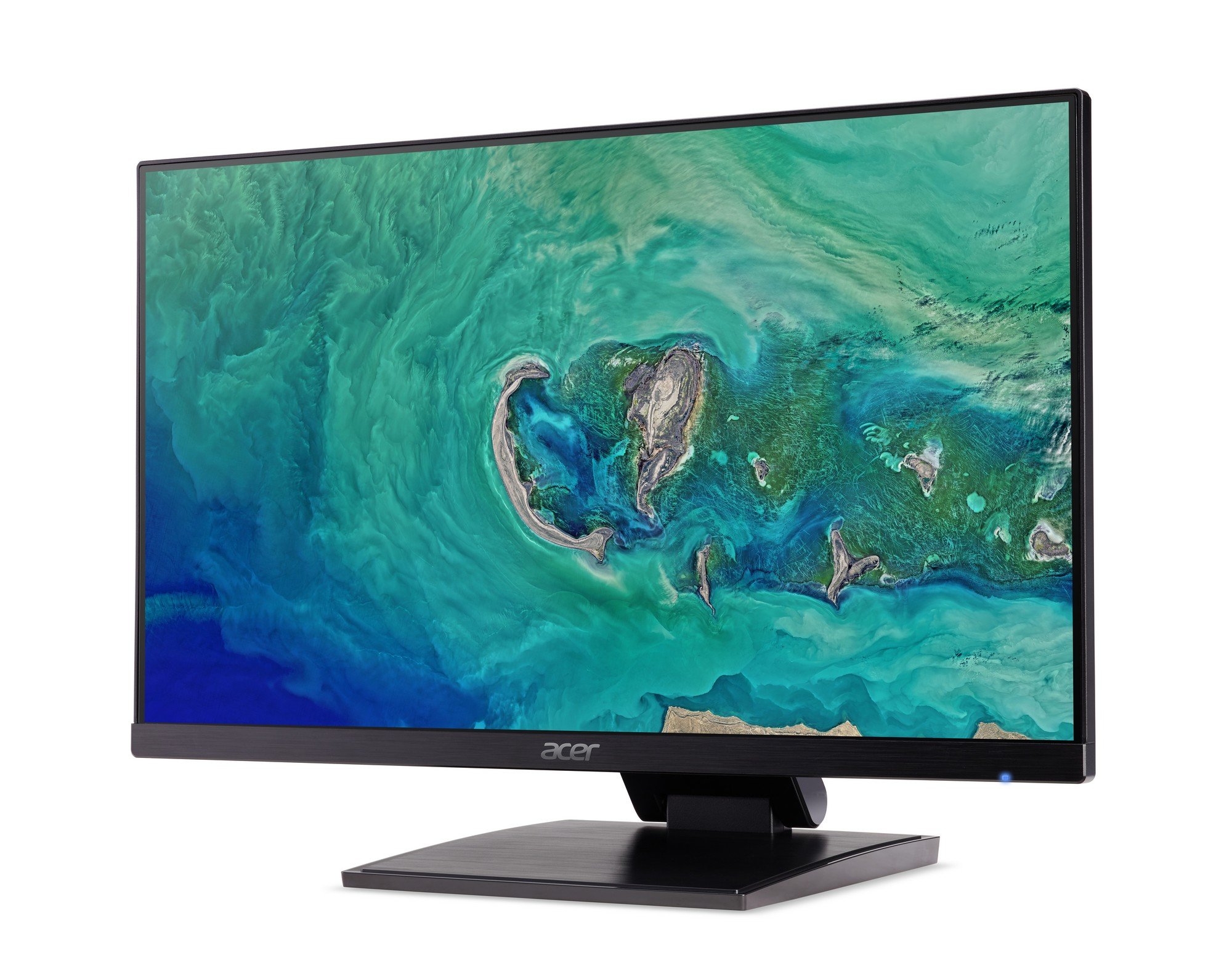 Monitor de computadora negro con soporte curvo. La pantalla muestra un paisaje abstracto verde y azul.