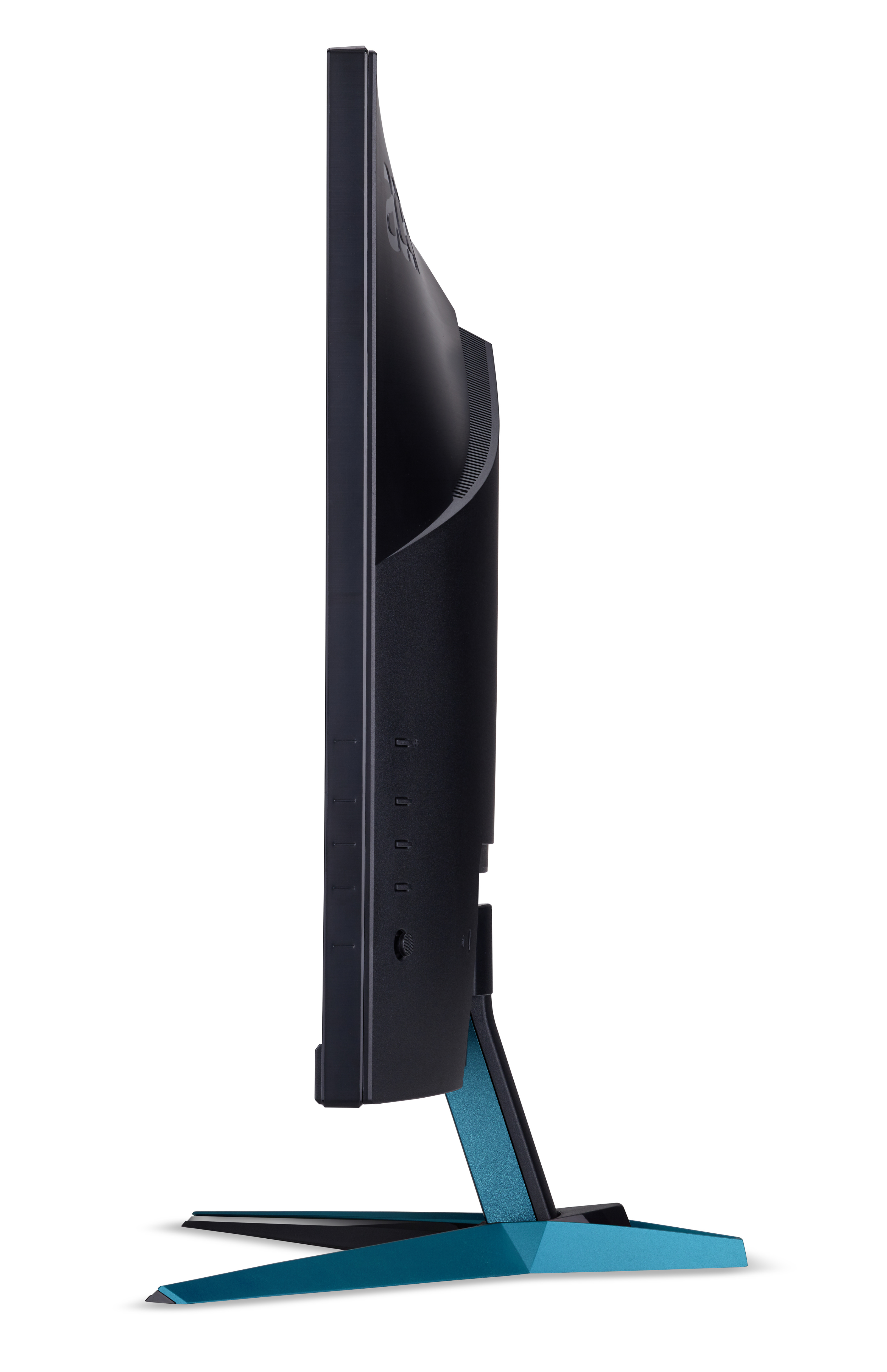 Widok z boku czarnego i niebiesko-zielonego monitora komputerowego ze stojakiem na białym tle.