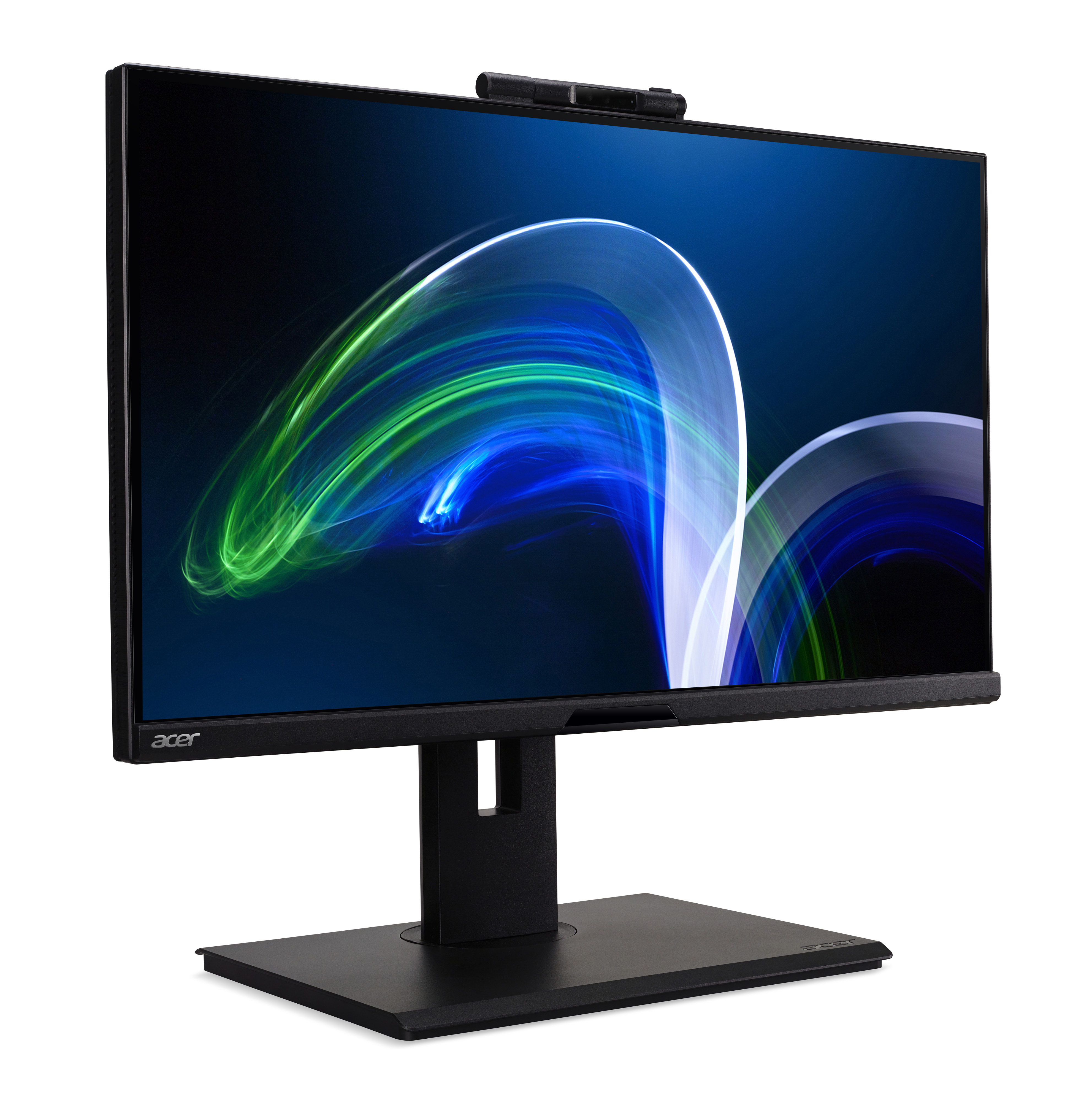 Monitor Acer con una pantalla grande que muestra un diseño azul y verde. Soporte negro y cámara web.