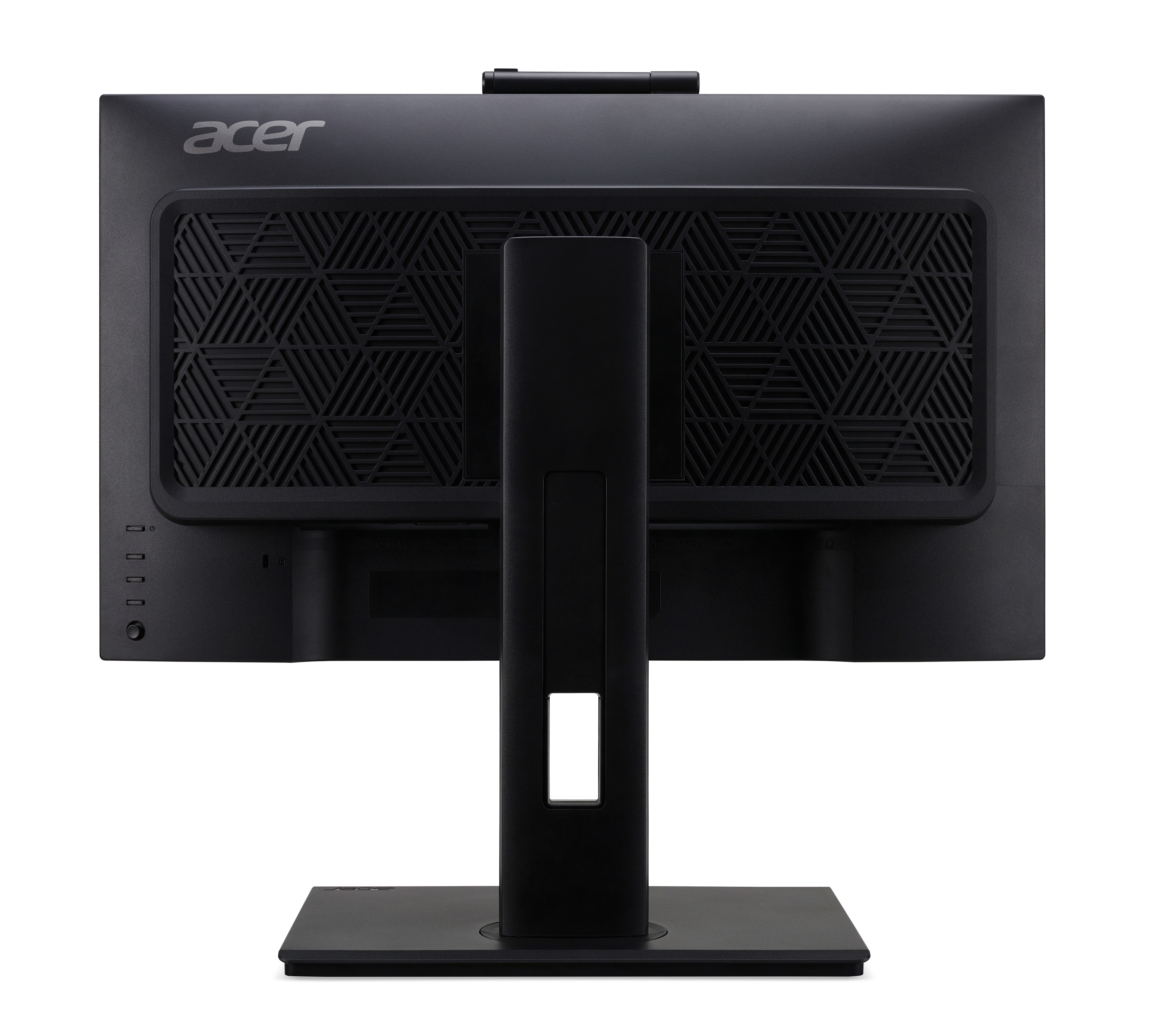 Vista trasera de un monitor Acer negro con soporte y parte trasera texturizada.