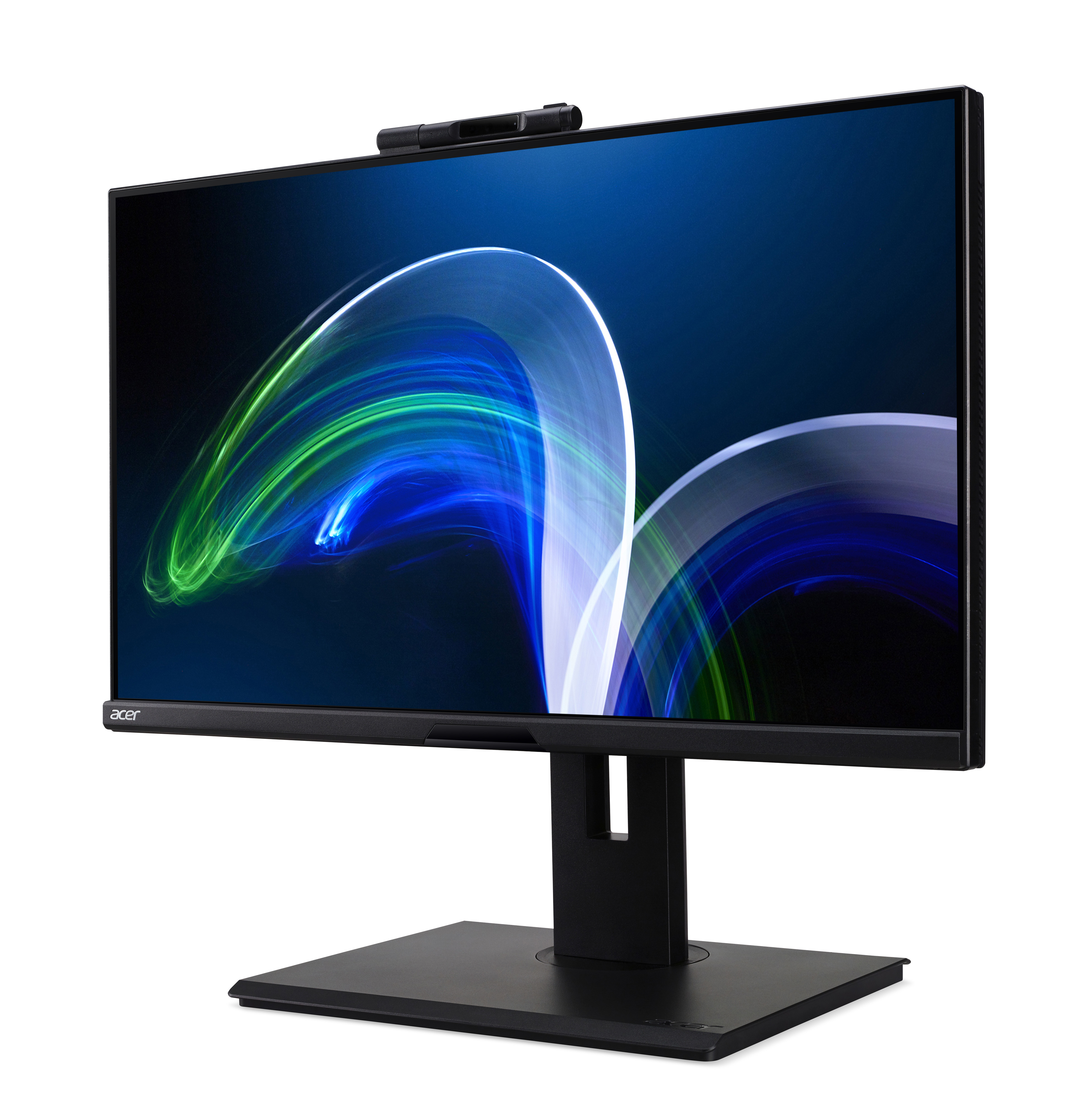 Un monitor de computadora negro con una cámara web en la parte superior, que muestra un diseño azul y verde.