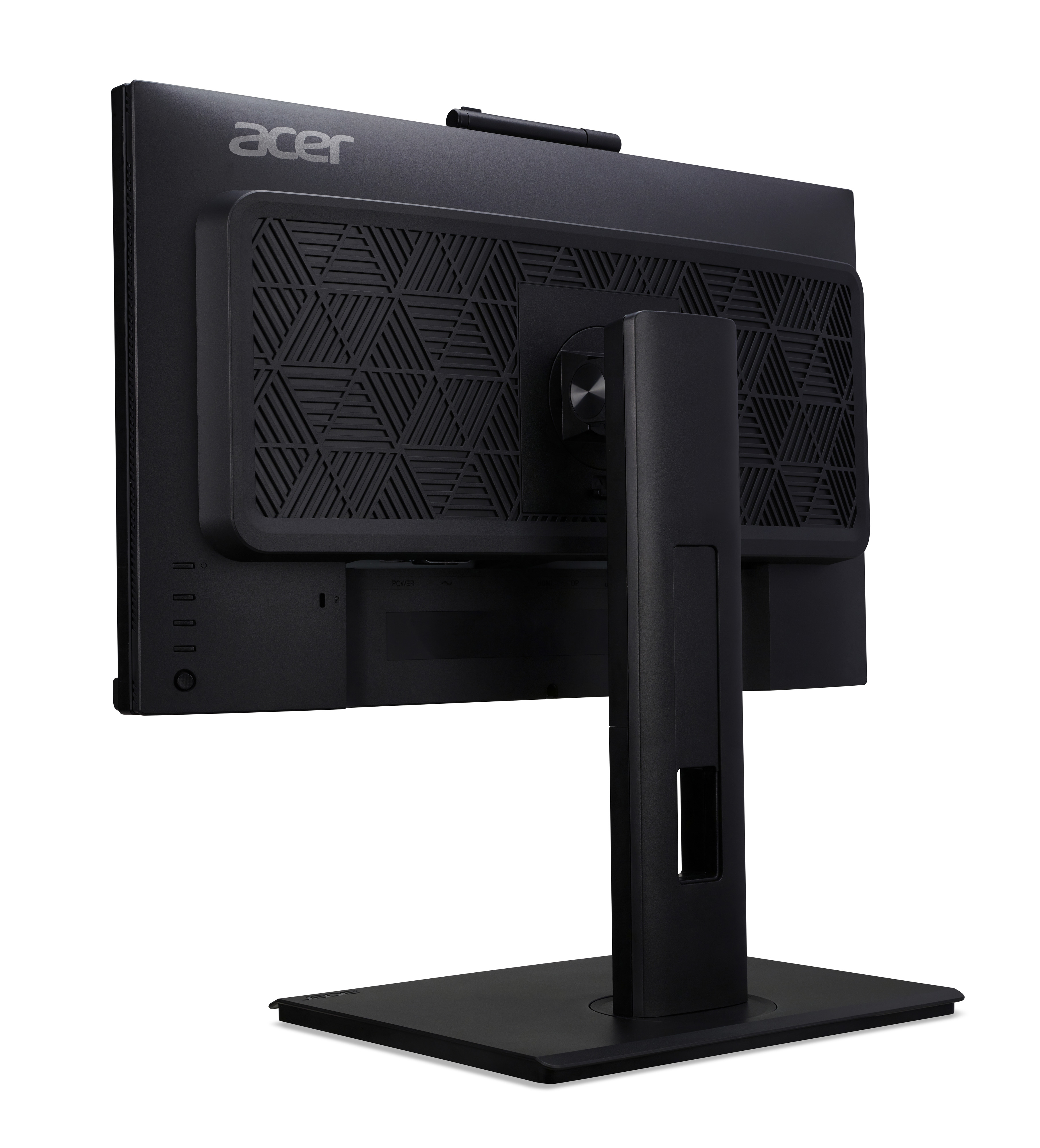 Un monitor de ordenador negro visto desde la parte trasera. El logotipo de Acer es visible. Tiene un soporte.