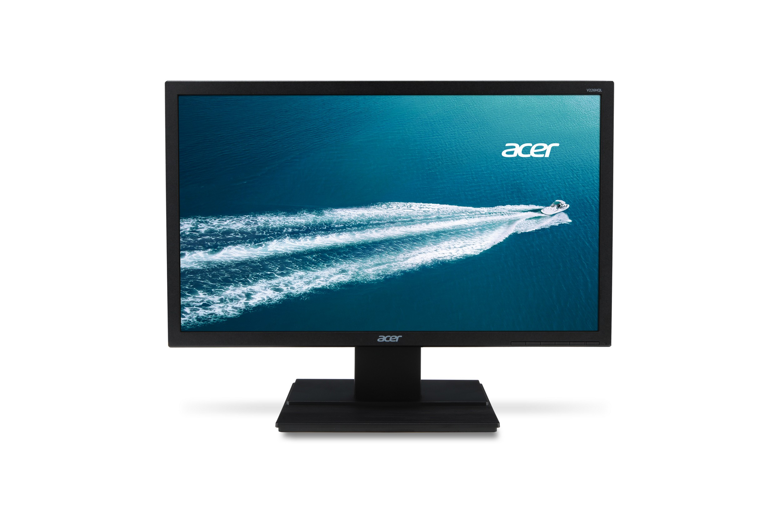 Monitor Acer che mostra una barca sull'acqua con il logo Acer. Cornice e supporto neri.