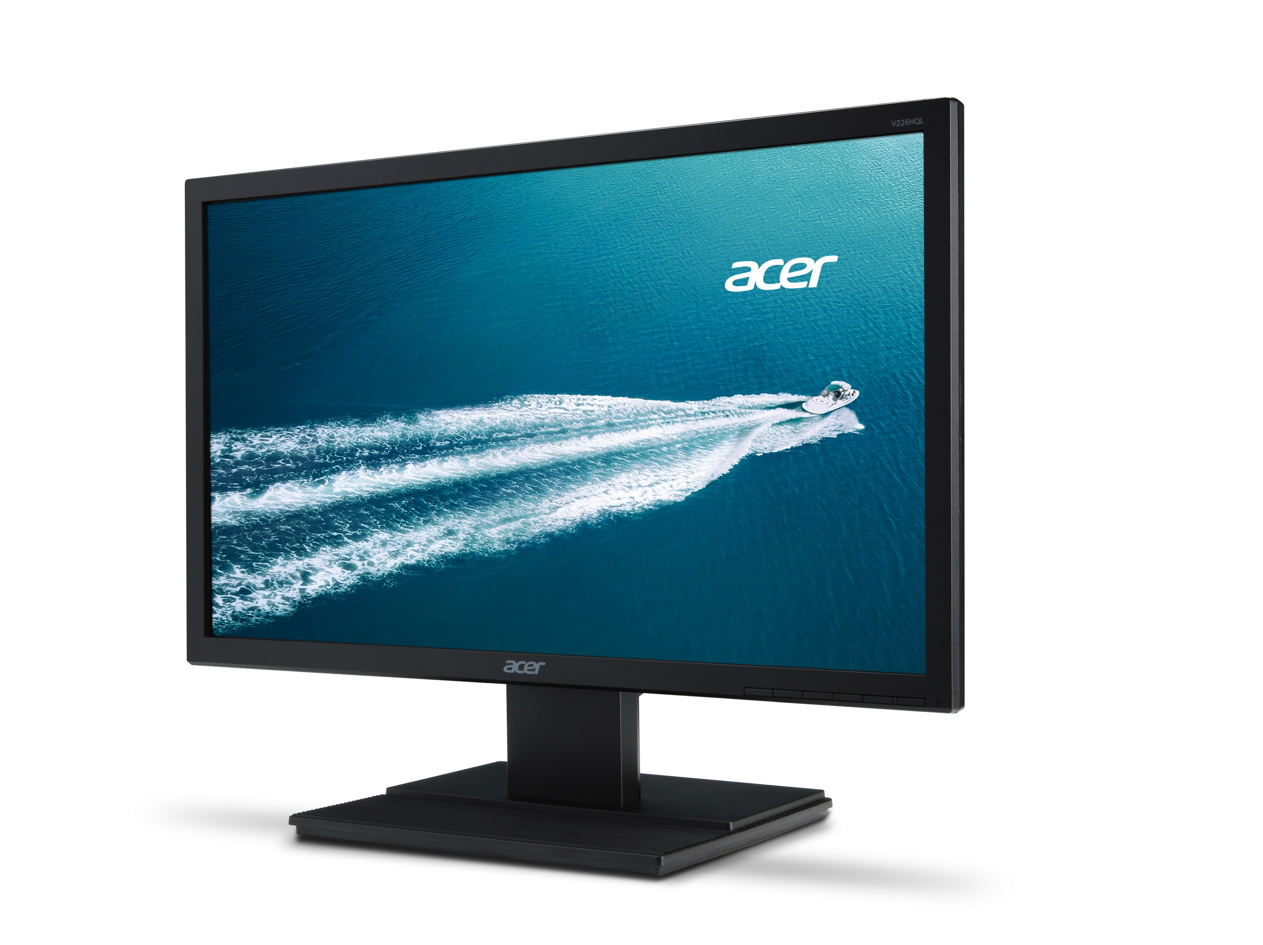 Monitor del computer nero che mostra una scena d'acqua blu con una barca e il logo Acer.