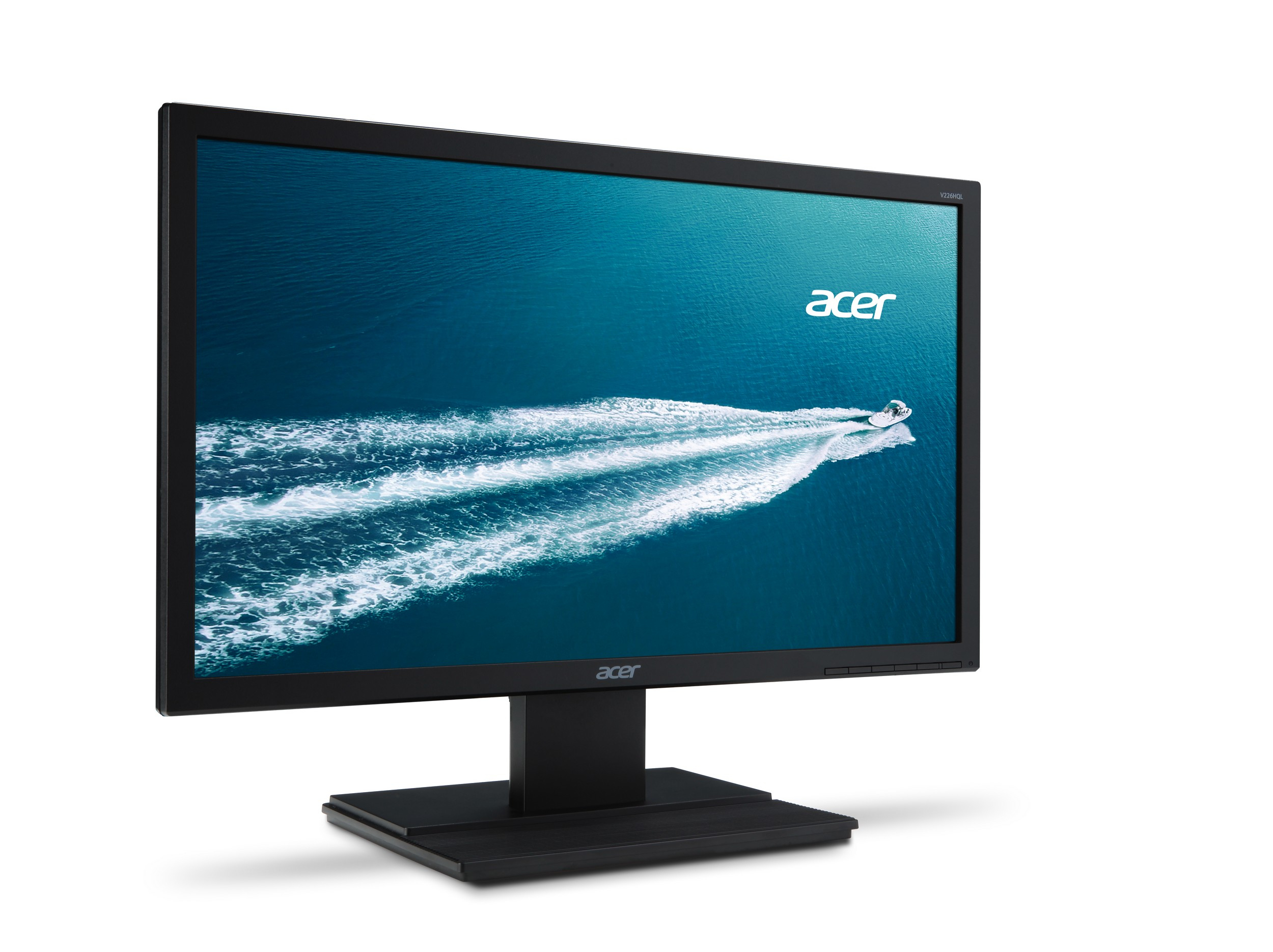 Monitor nero mostra una barca sull'acqua. Ha il logo Acer e uno sfondo bianco.