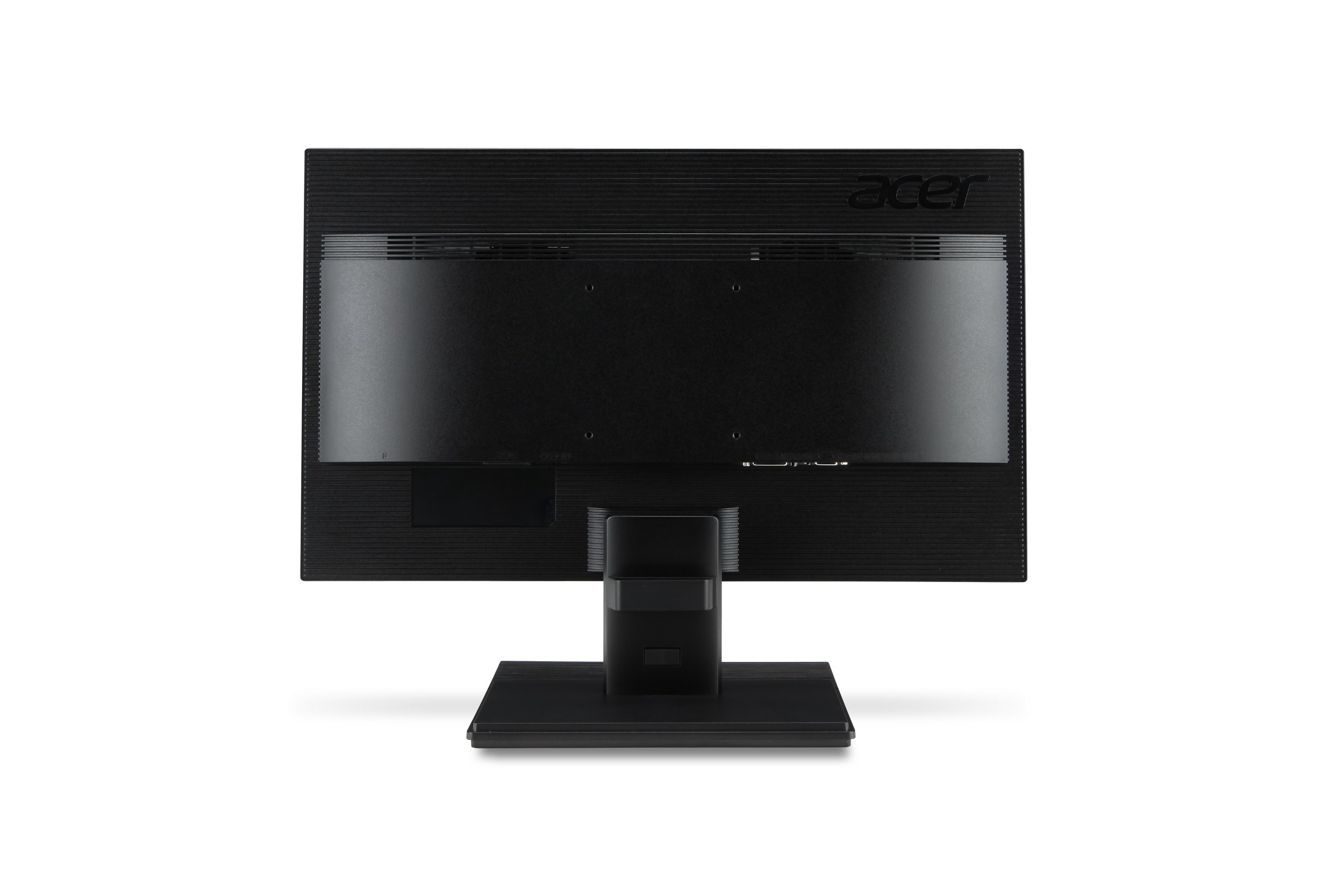 Retro di un monitor Acer nero, con porte e supporto visibili. Logo Acer in alto.