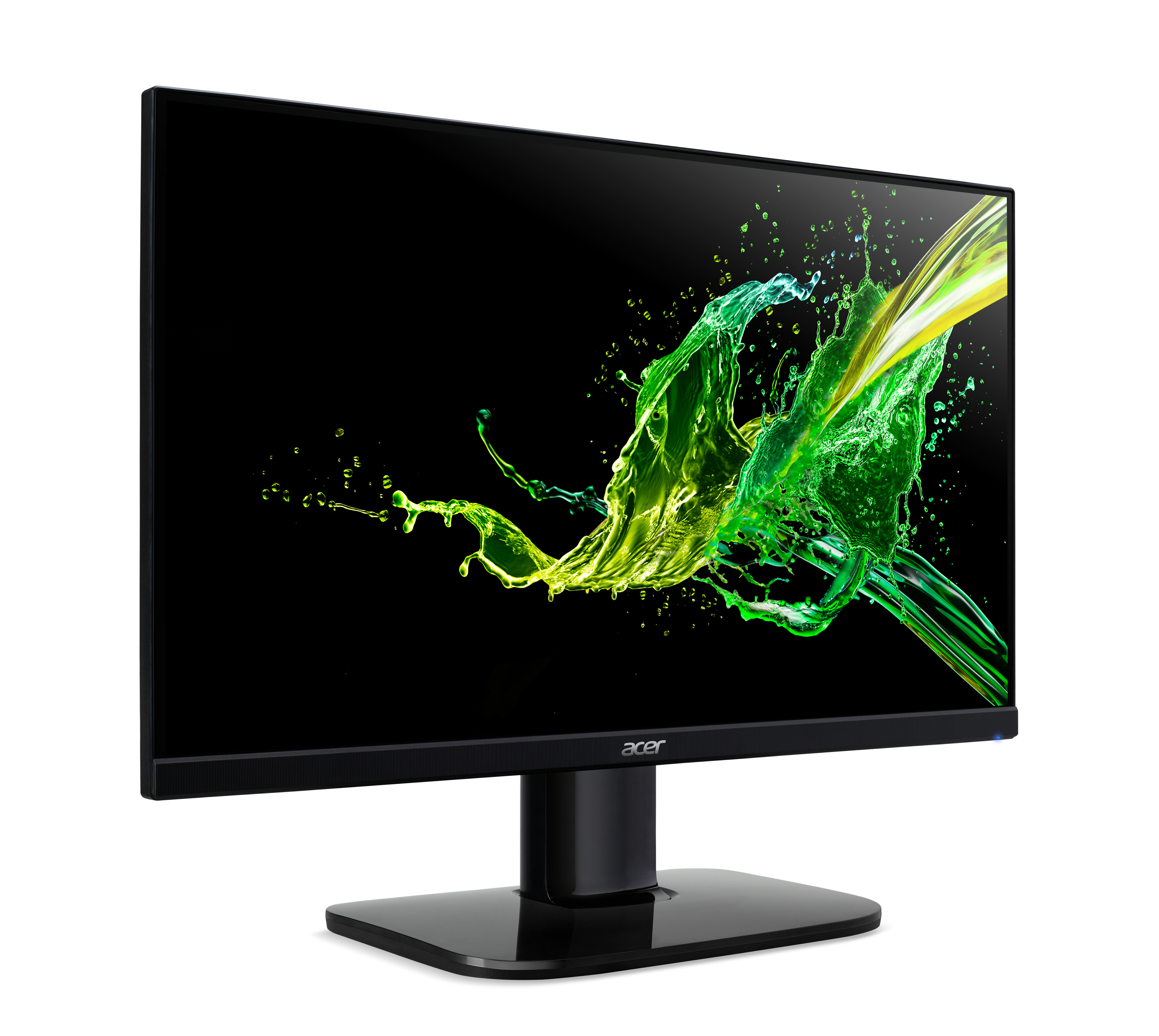 Un monitor de computadora negro que muestra un diseño abstracto verde y amarillo.