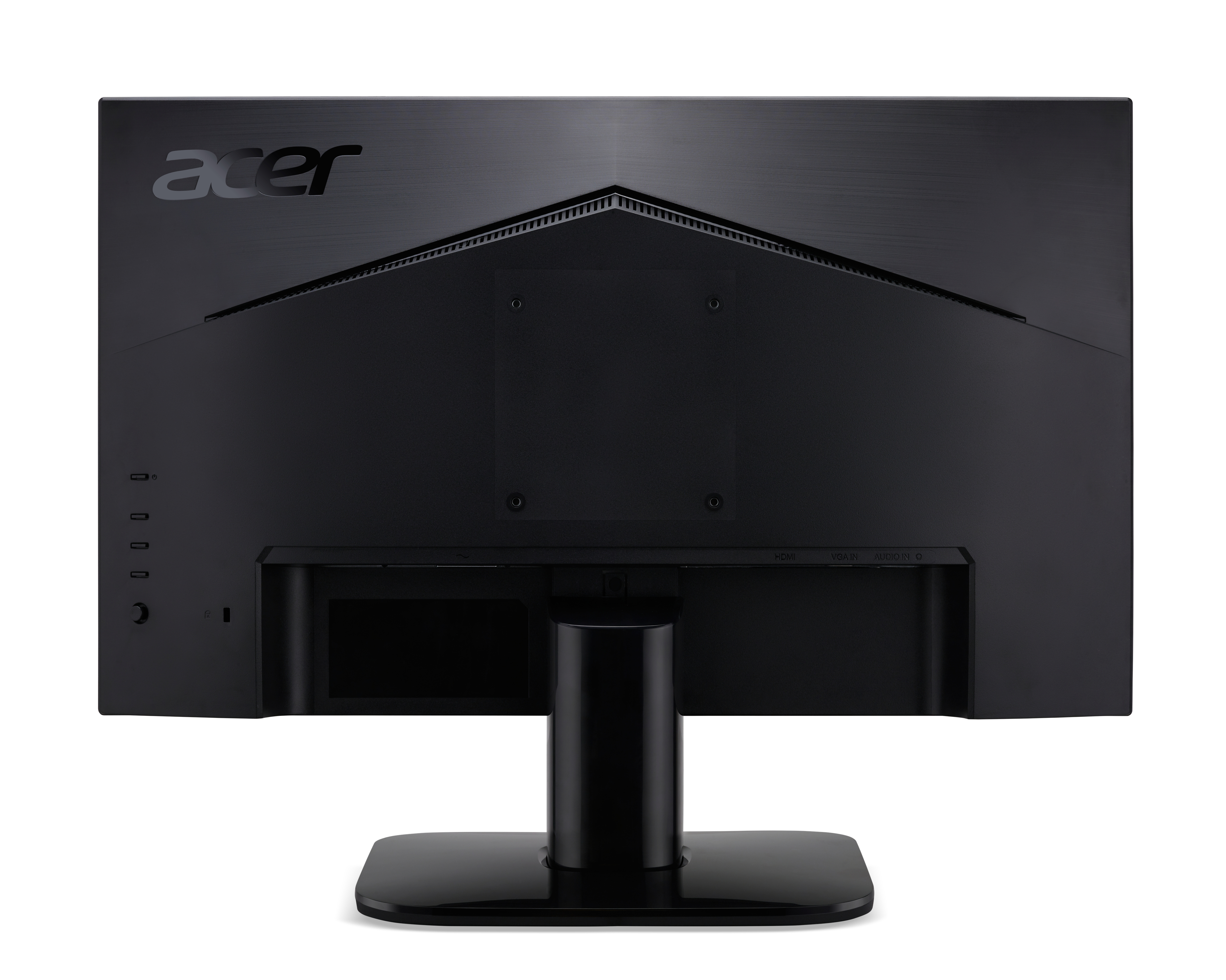 La parte trasera de un monitor Acer negro. Puertos, un soporte y el logotipo de Acer son visibles.