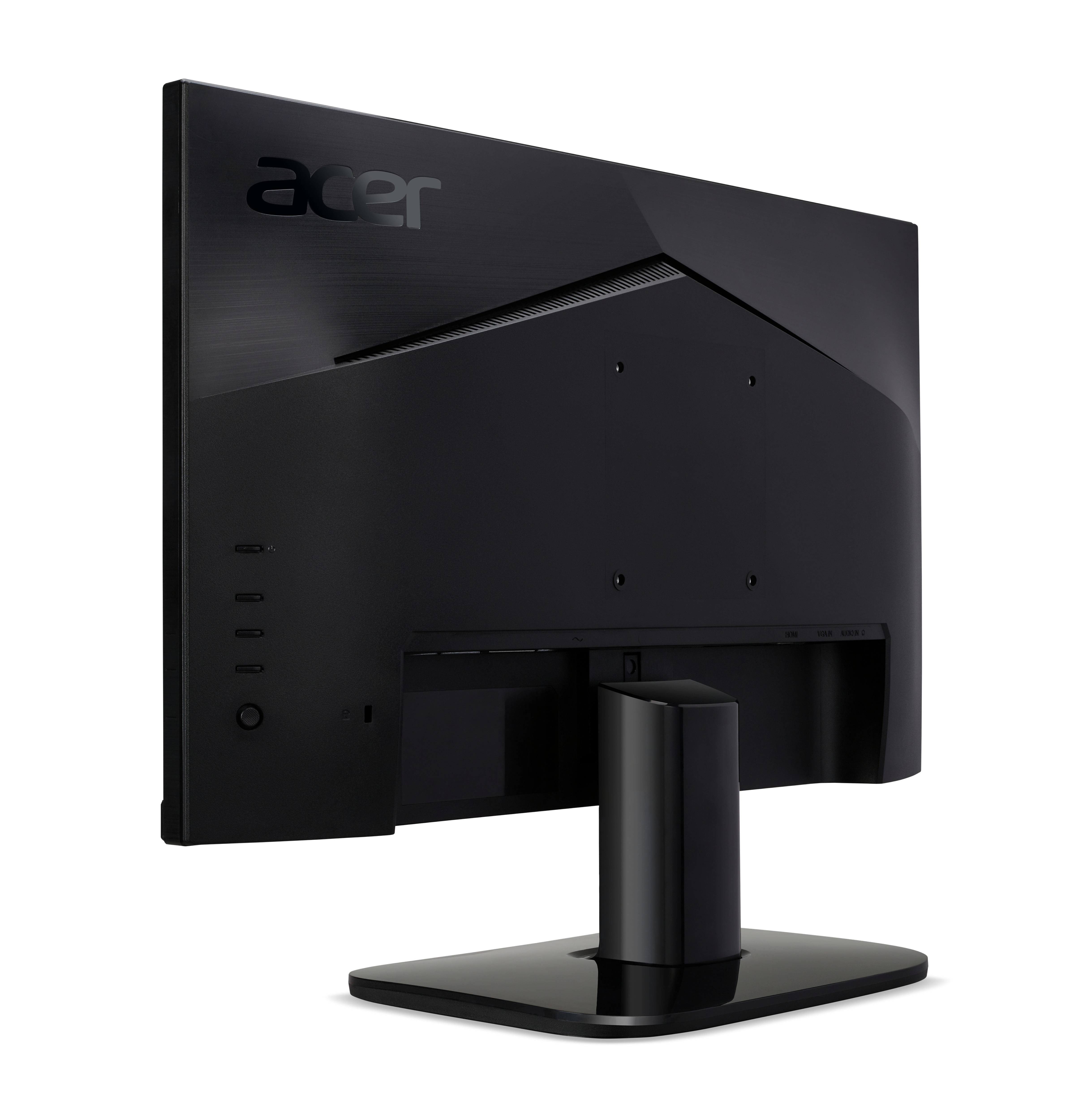 Monitor Acer negro. Muestra la parte trasera del monitor con varios puertos y un soporte.