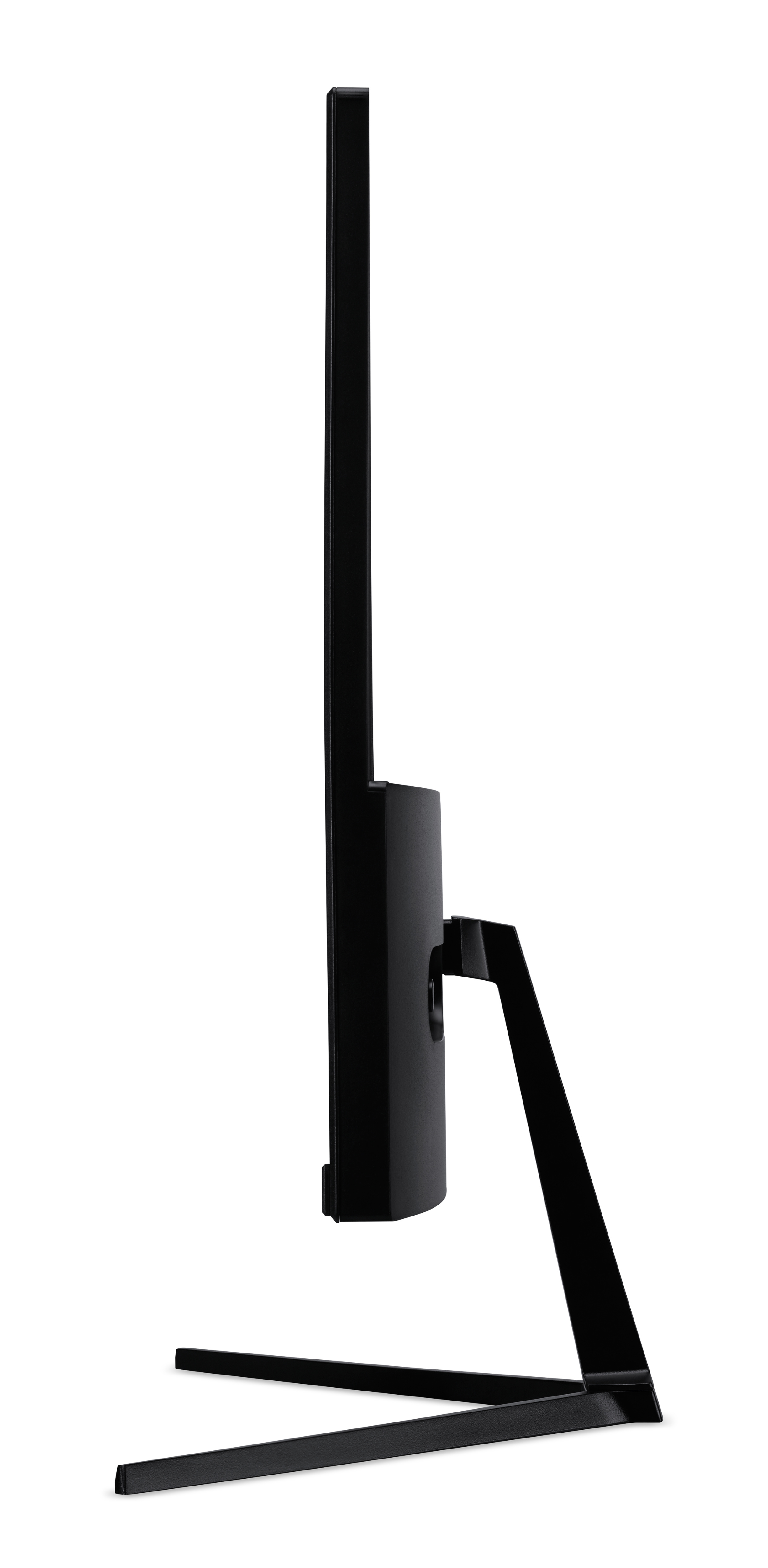 Czarny monitor komputera na czarnym stojaku, widok z boku.