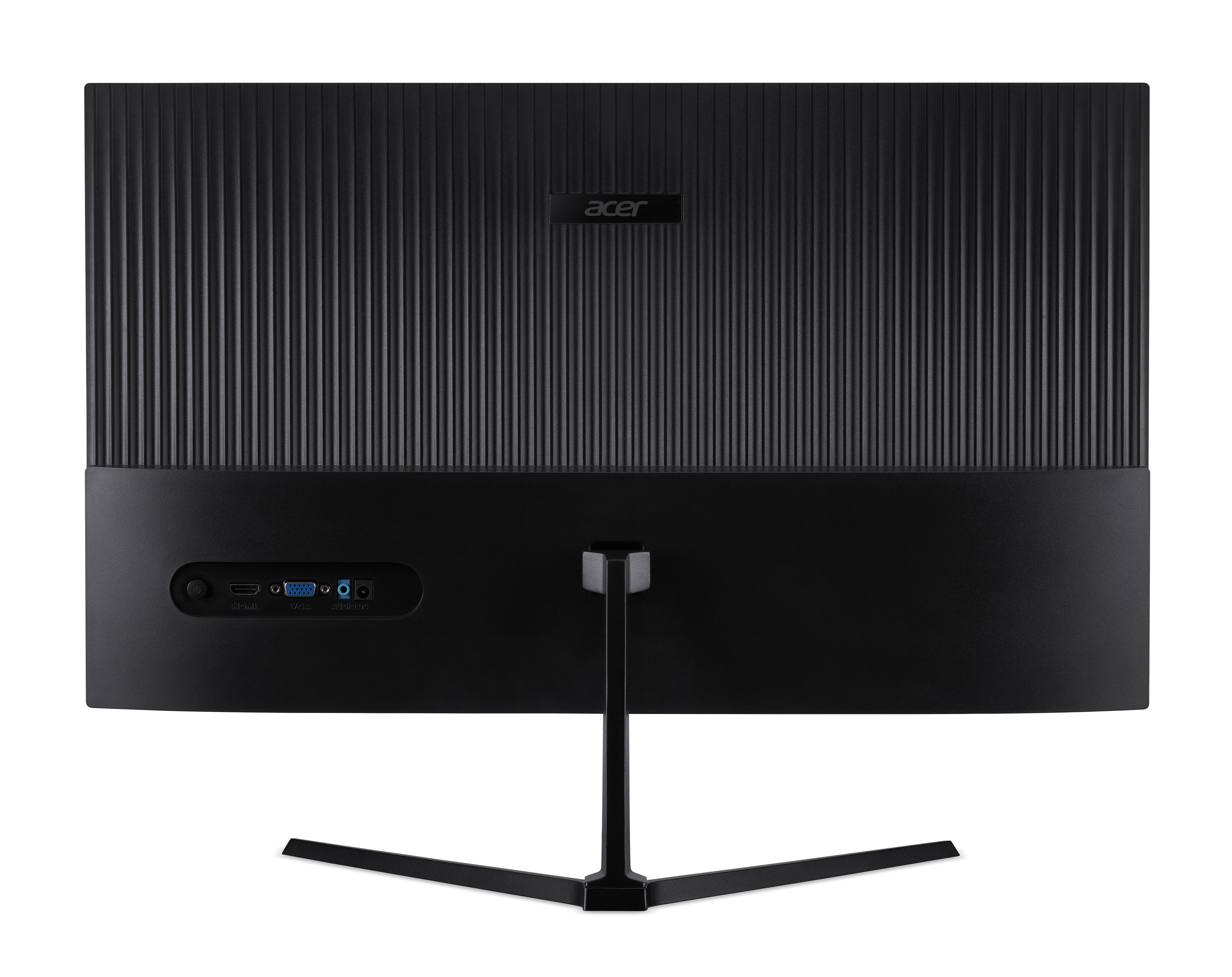 Tył czarnego monitora Acer z portami i podstawą, izolowane białe tło.