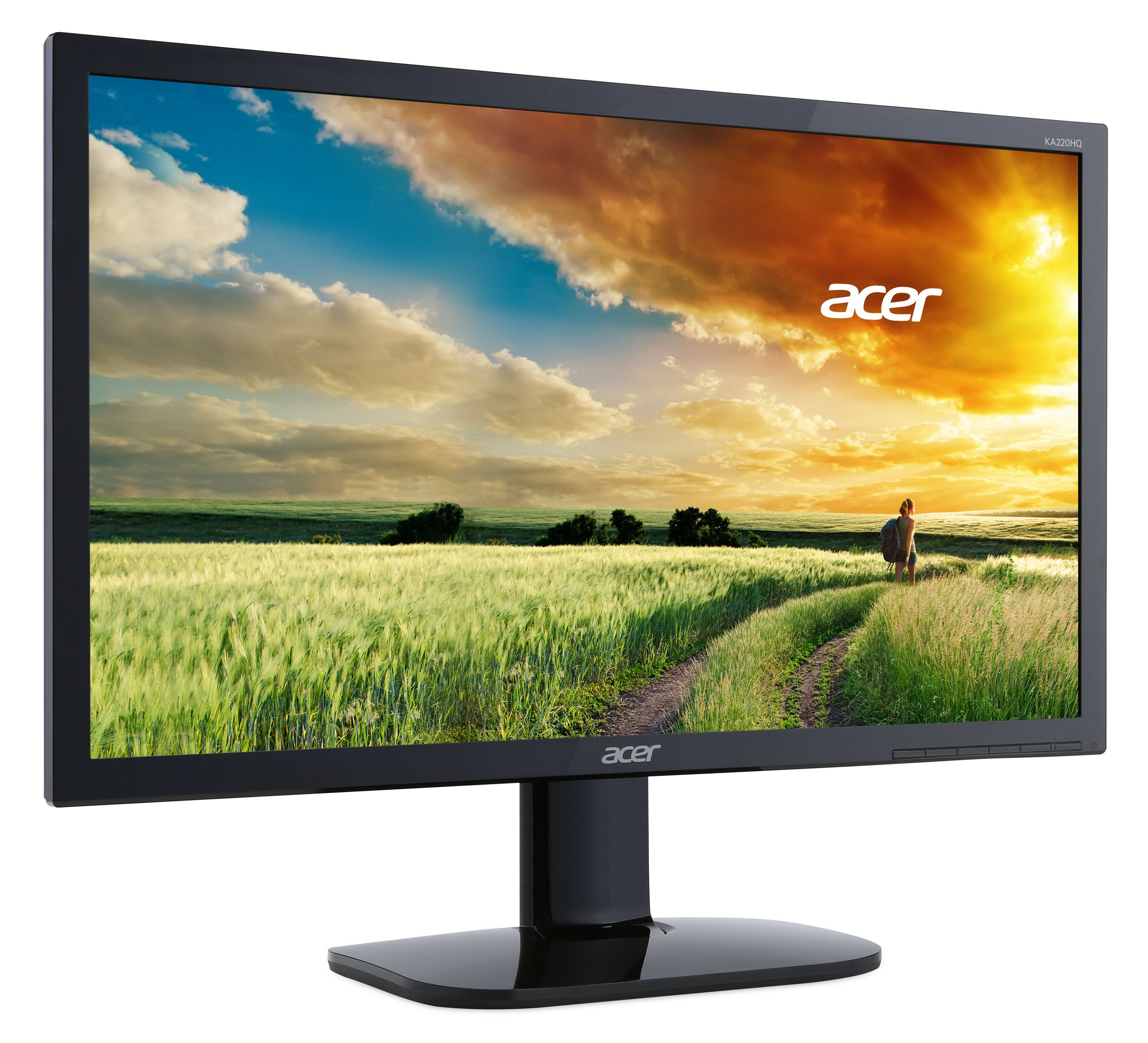 Monitor Acer che mostra una vibrante scena del tramonto su un campo verde.