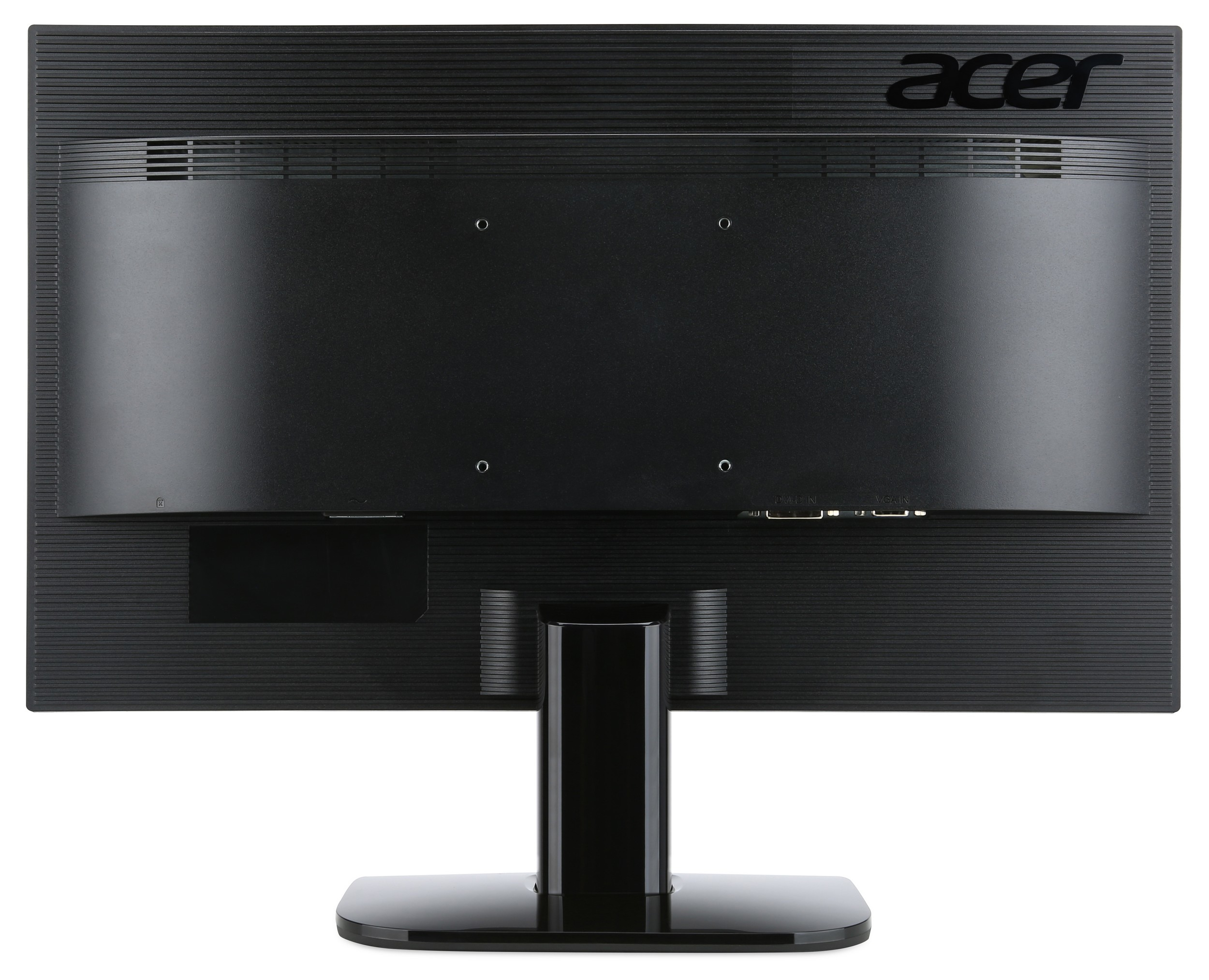 Vista posteriore di un monitor nero con logo Acer, porte e supporto.