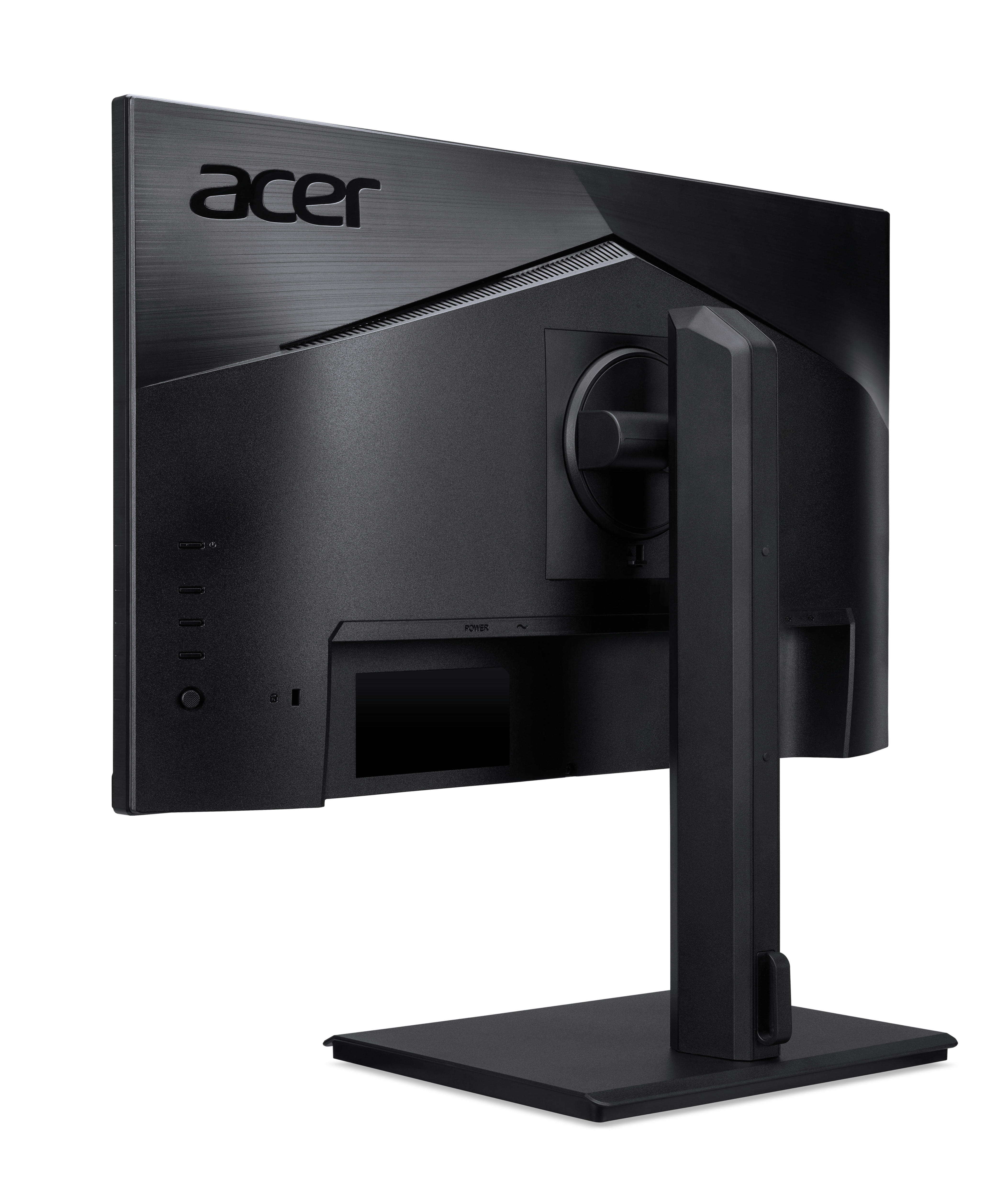 Monitor per computer nero, vista posteriore. Logo Acer. Porte e supporto visibili.