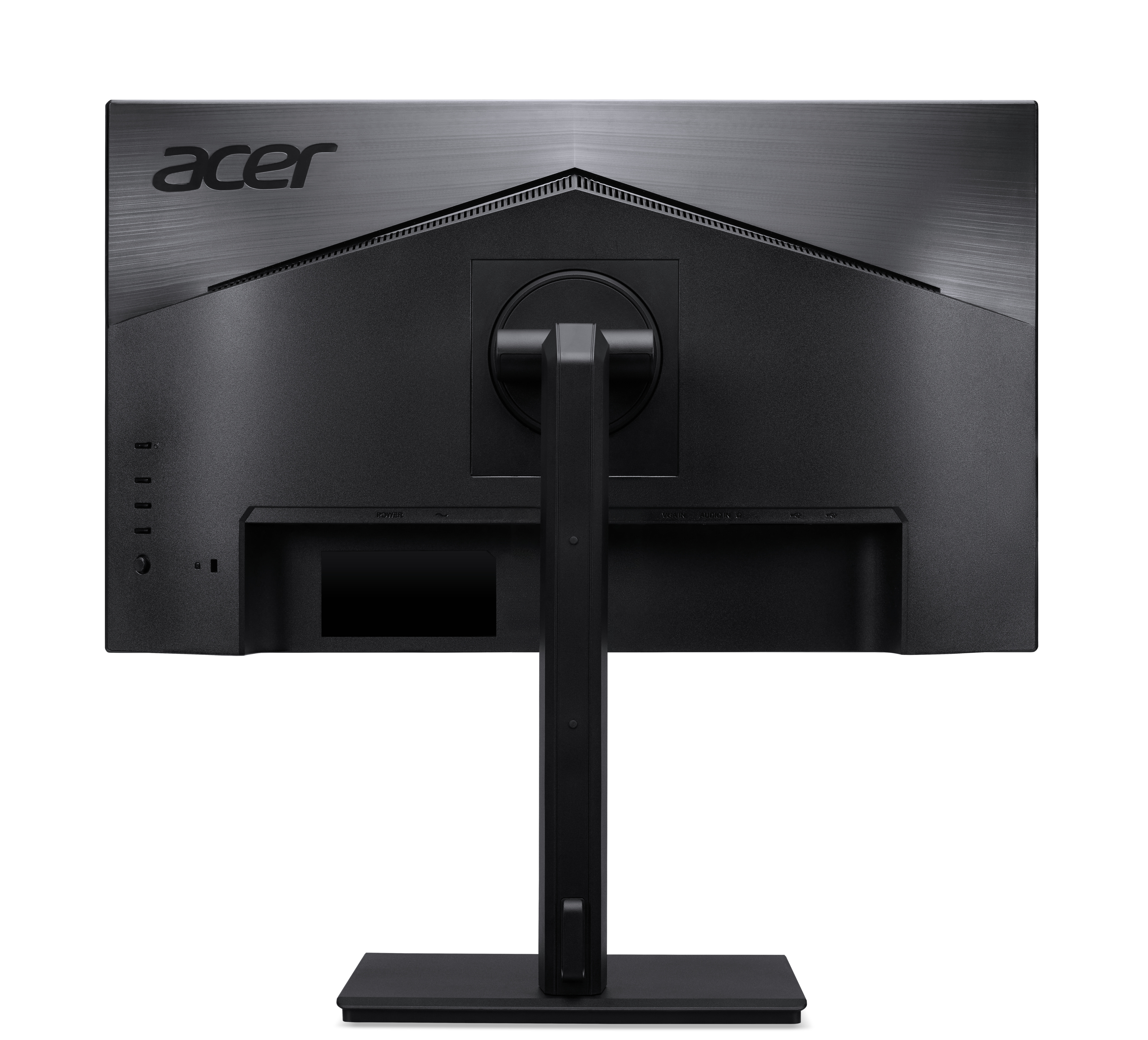 Retro del monitor nero. Porte, supporto e logo Acer visibili. Sfondo bianco.