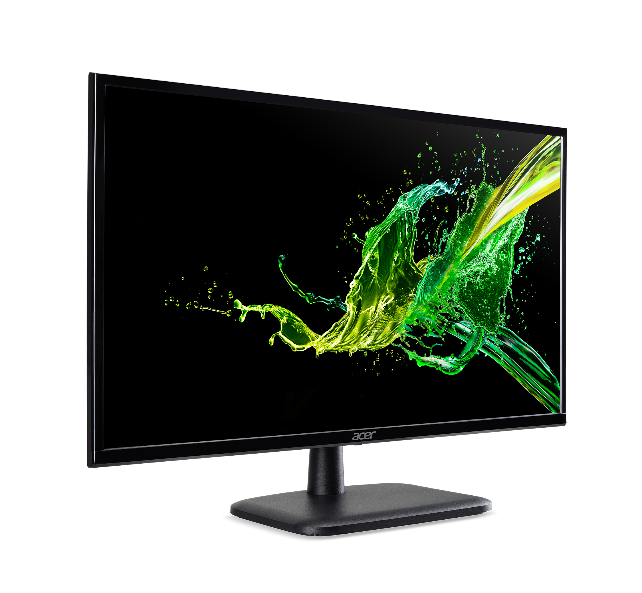 Monitor Acer negro con arte de salpicaduras verde sobre fondo negro, en soporte negro.