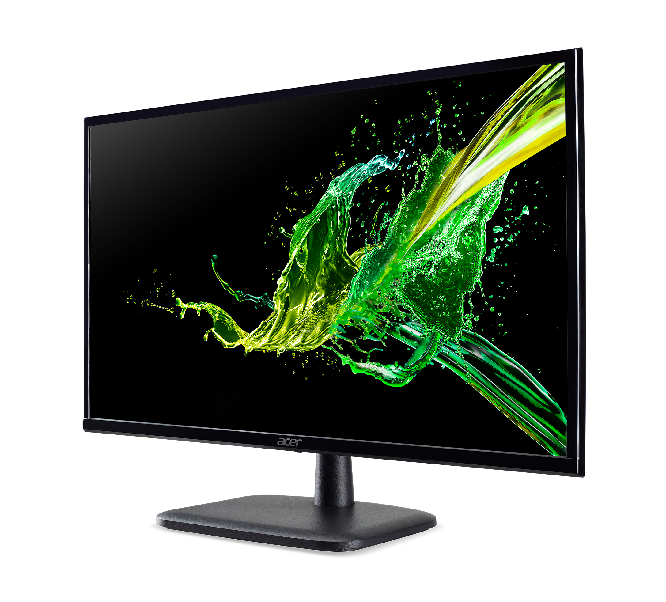 Un monitor Acer negro con una pantalla de bienvenida verde y amarilla, sobre un fondo blanco.