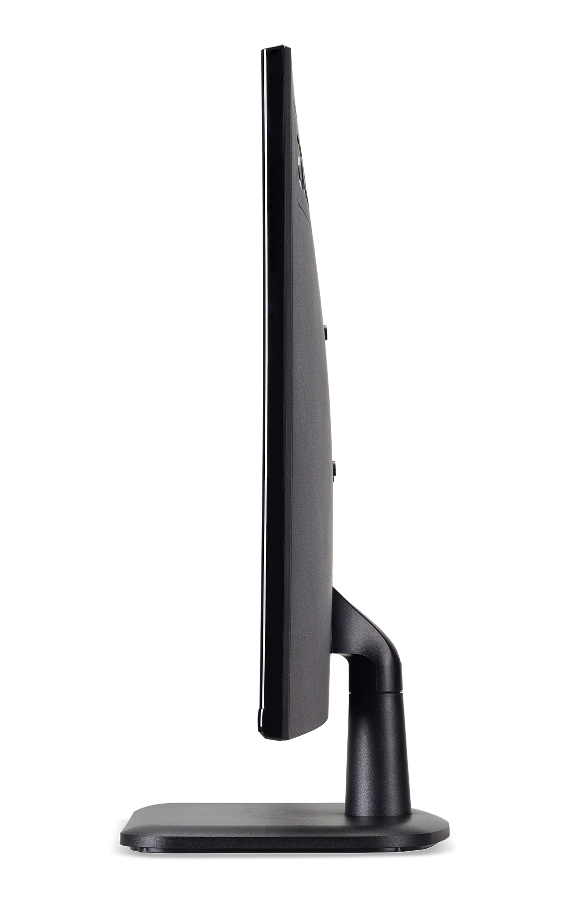 Vista lateral del monitor Acer negro. Bisel delgado, soporte negro. Base negra.