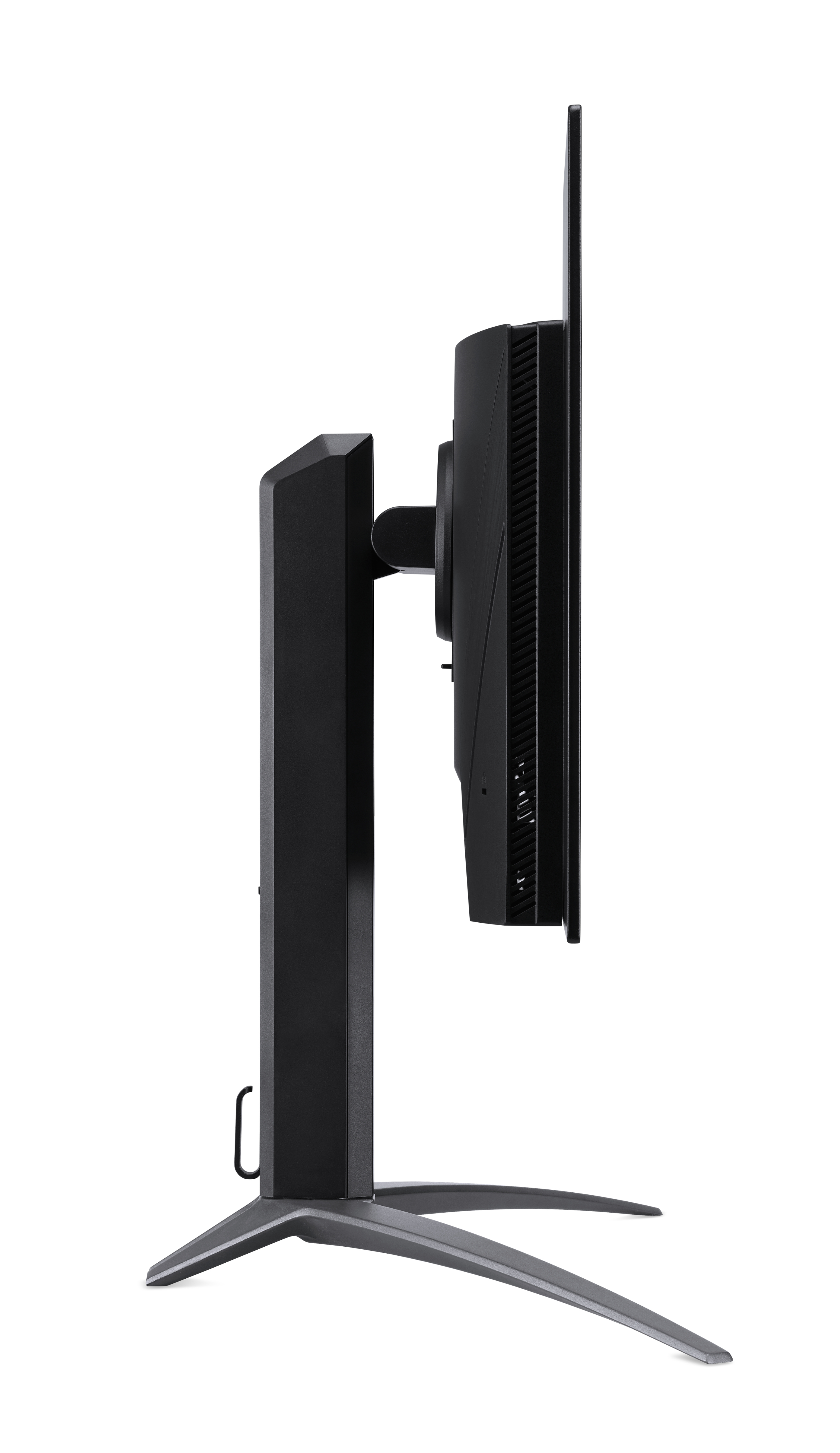 Czarno-szary monitor komputerowy z boku. Monitor ma podstawę i jest na białym tle.