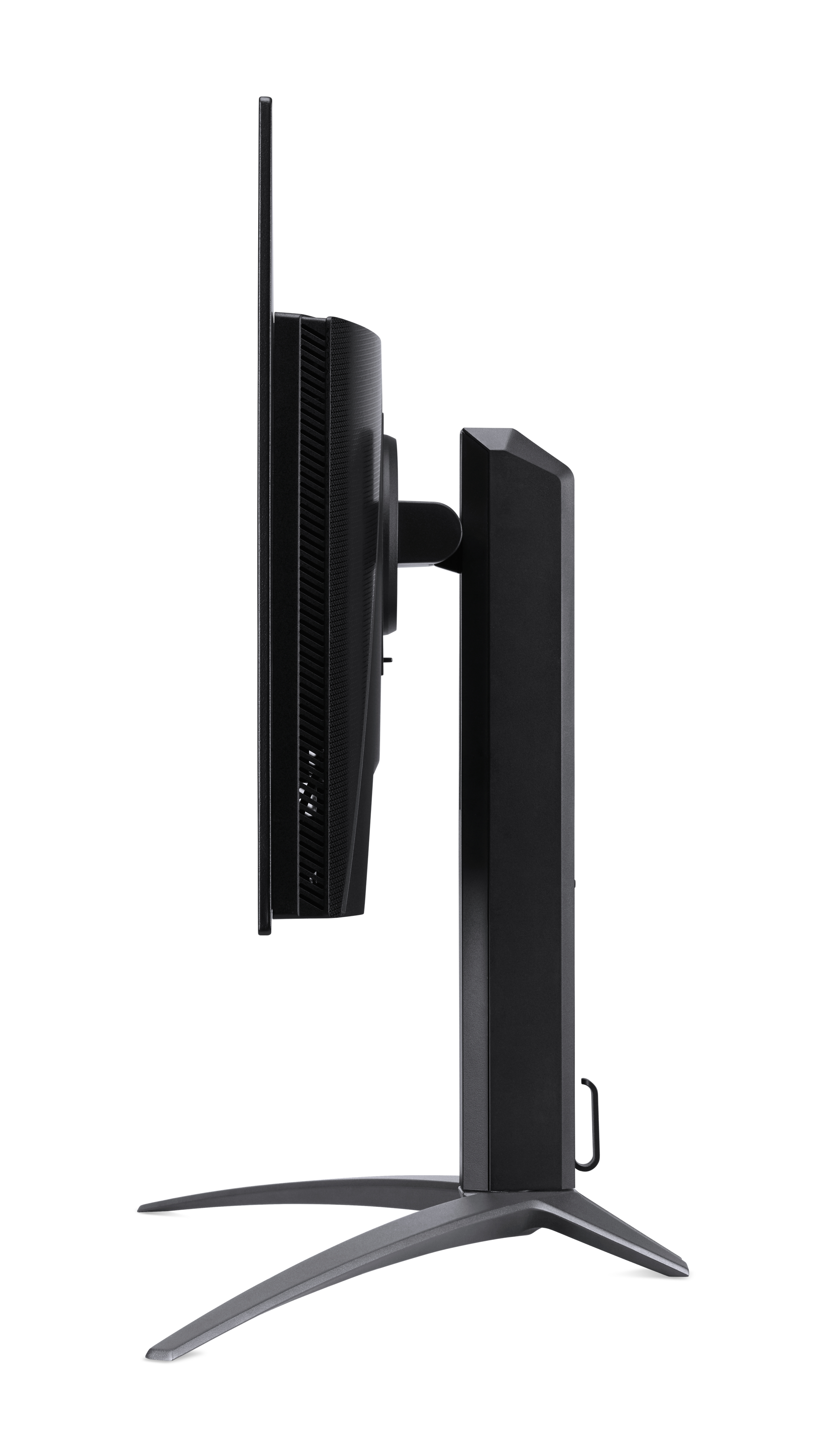 Widok z boku czarnego monitora komputerowego ze stojakiem. Ma cienką ramkę.